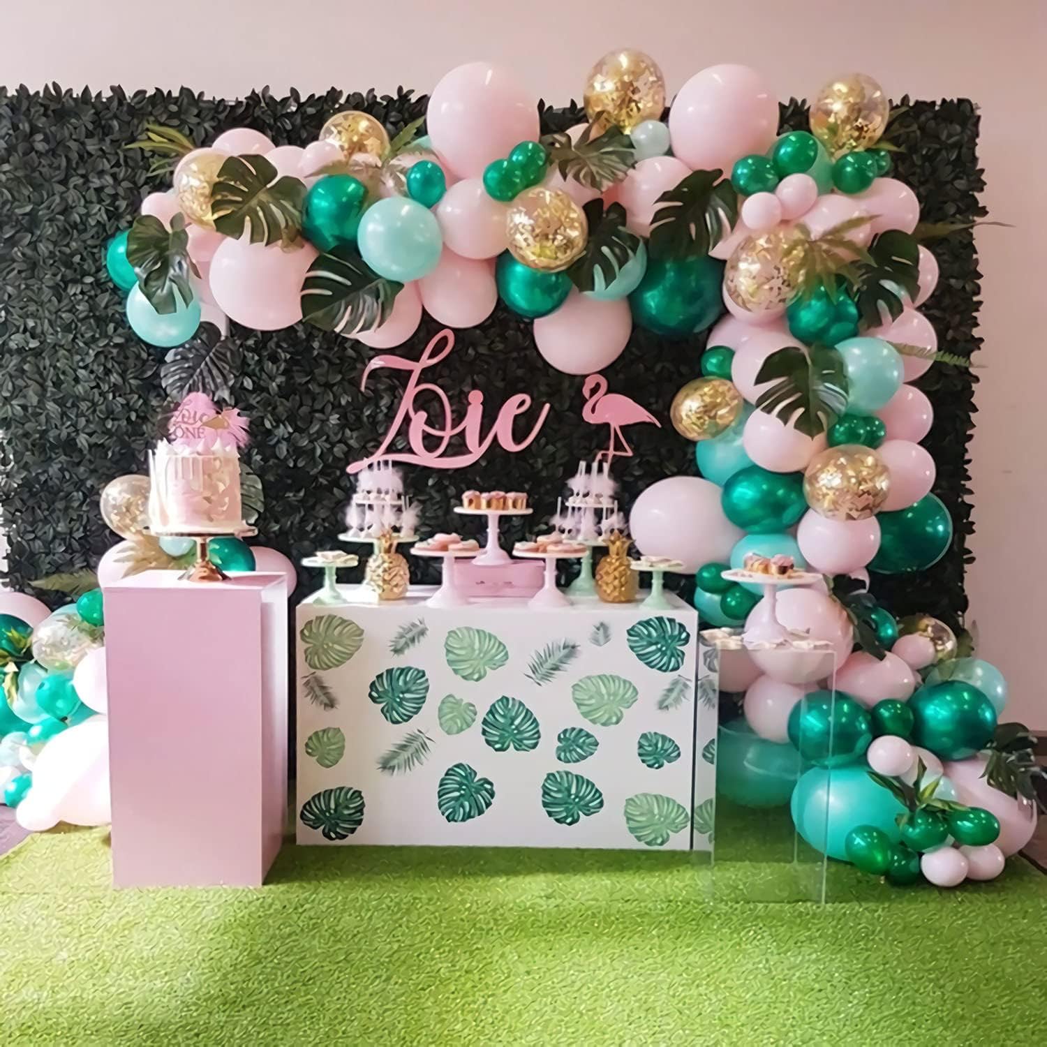Since 105 piezas de suministros de fiesta temática de selva, verde, rosa, doble relleno, verde azulado, azul, dorado, confeti, globos de látex,