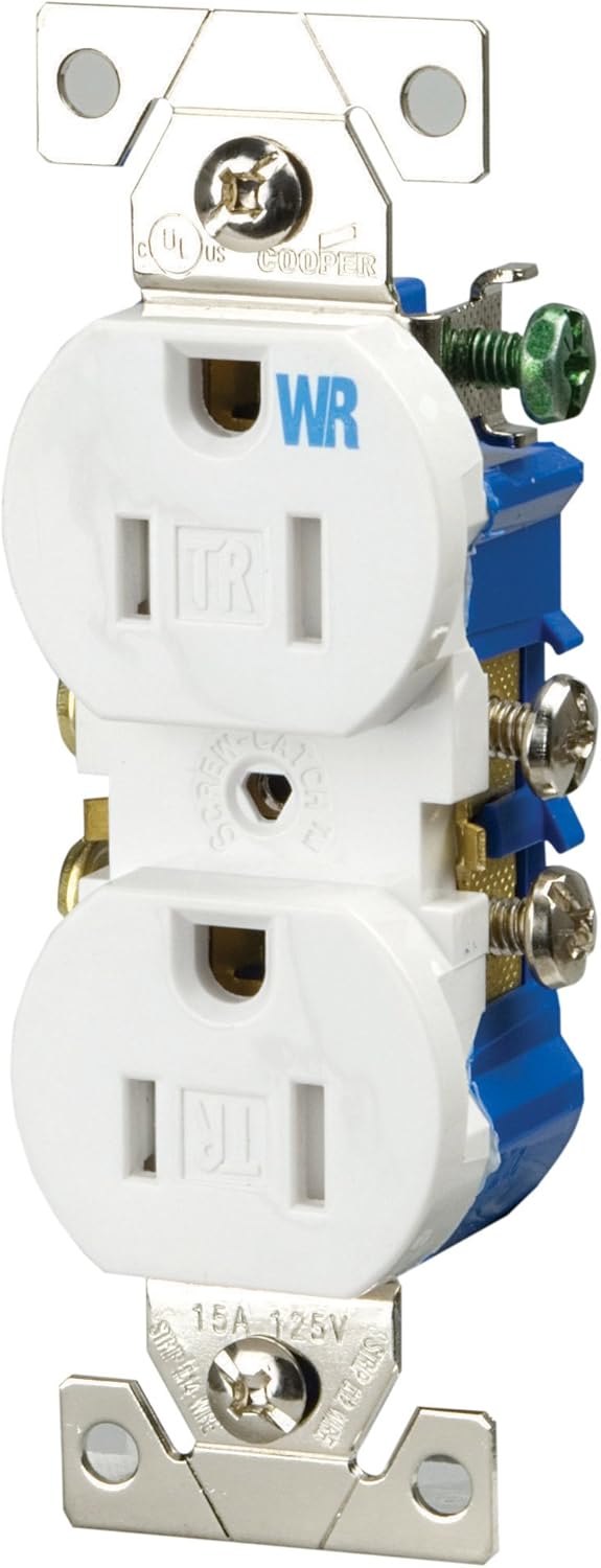 EATON Wiring TWR270w Receptáculo dúplex resistente a manipulaciones y a la intemperie, 15 amperios, 2 polos, 3 cables, 125 voltios, color blanco