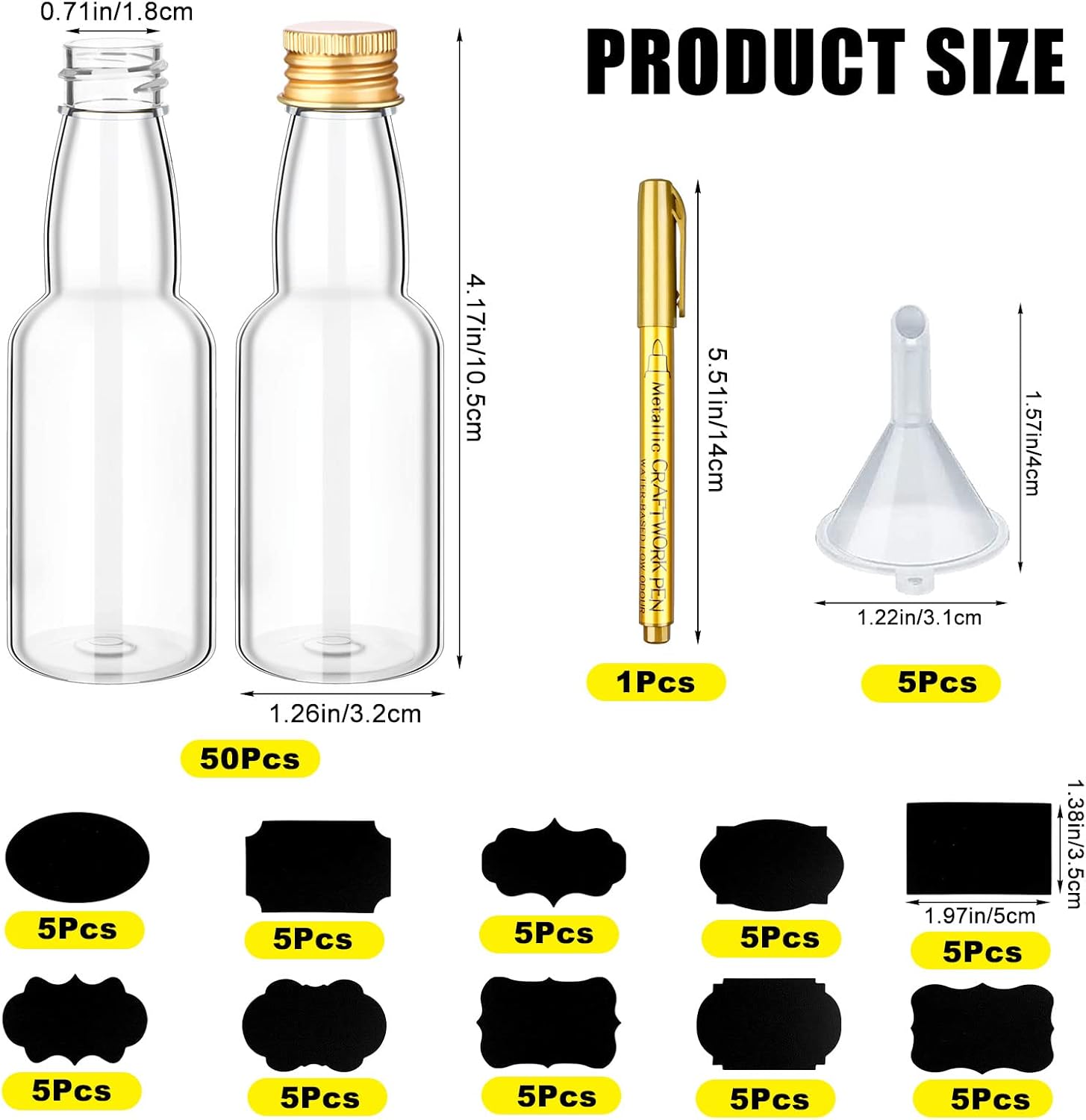 Paquete de 50 mini botellas de licor reutilizables vacías con tapas de rosca doradas, mini botellas de vino de plástico de 1.8 onzas con 5 embudos