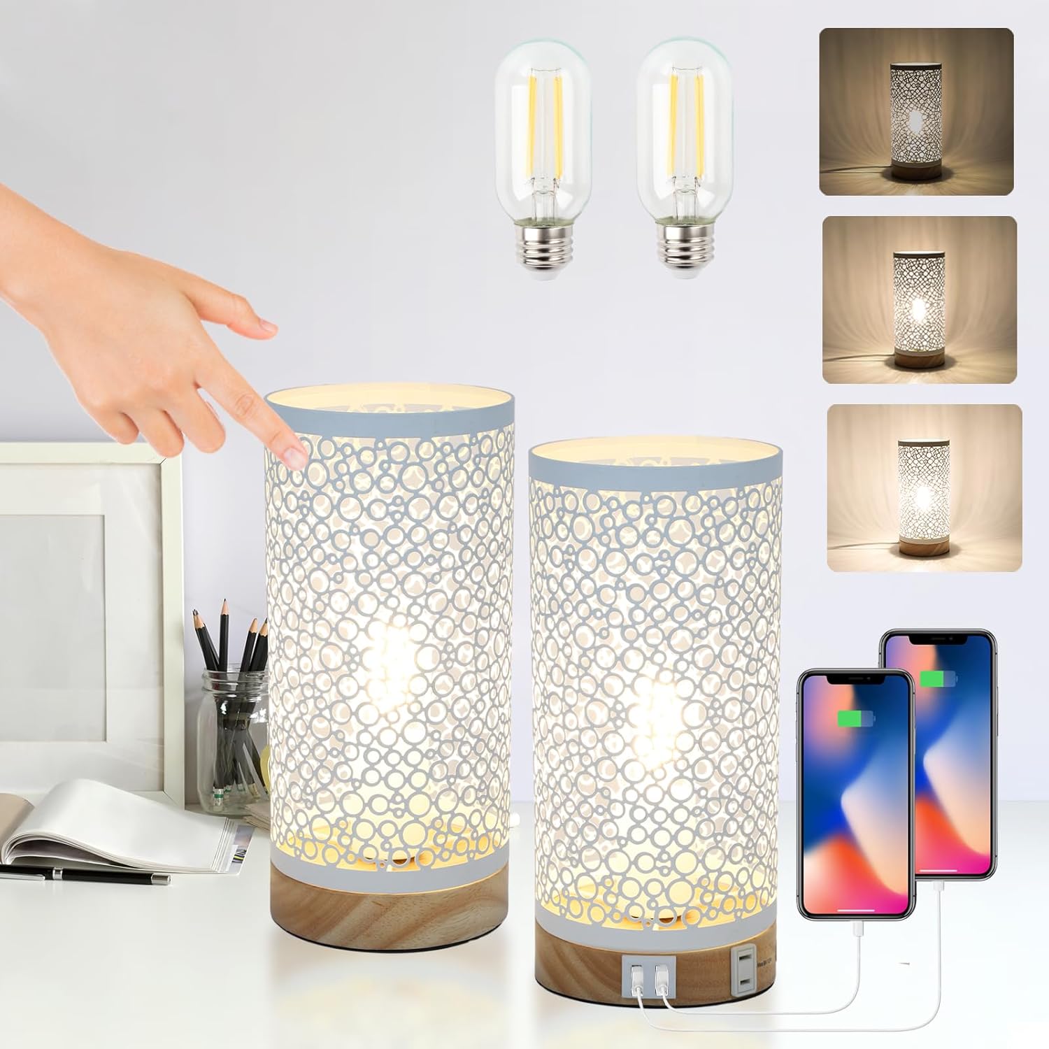 Juego de 2 lámparas de mesa con control táctil, lámparas de mesita de noche regulables con puerto USB y salidas de CA, lámparas industriales de