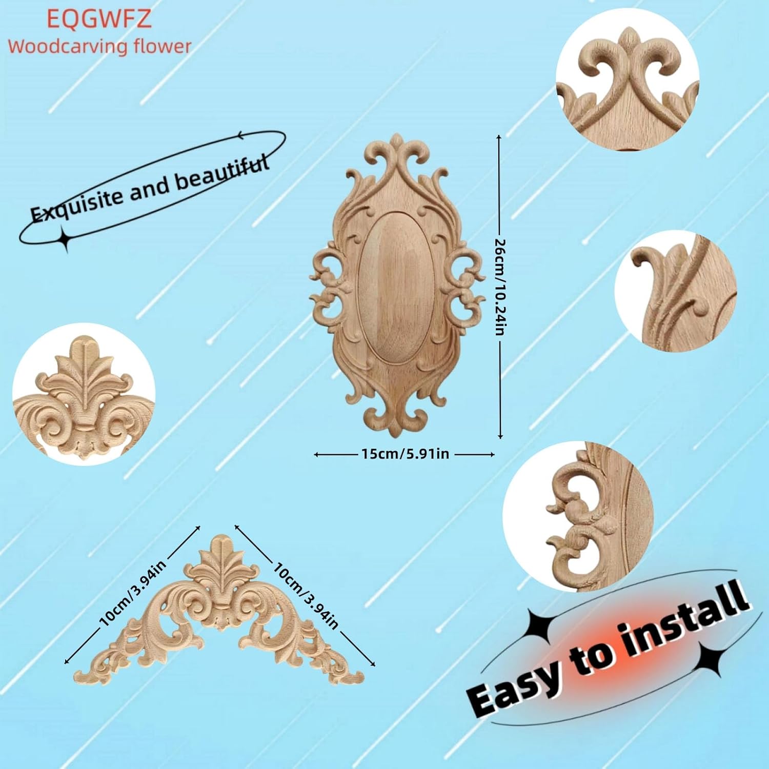 5 piezas de apliques de madera sin pintar Onlays para puerta de cama, armario, muebles, decoración tallada en madera, apliques de madera de color