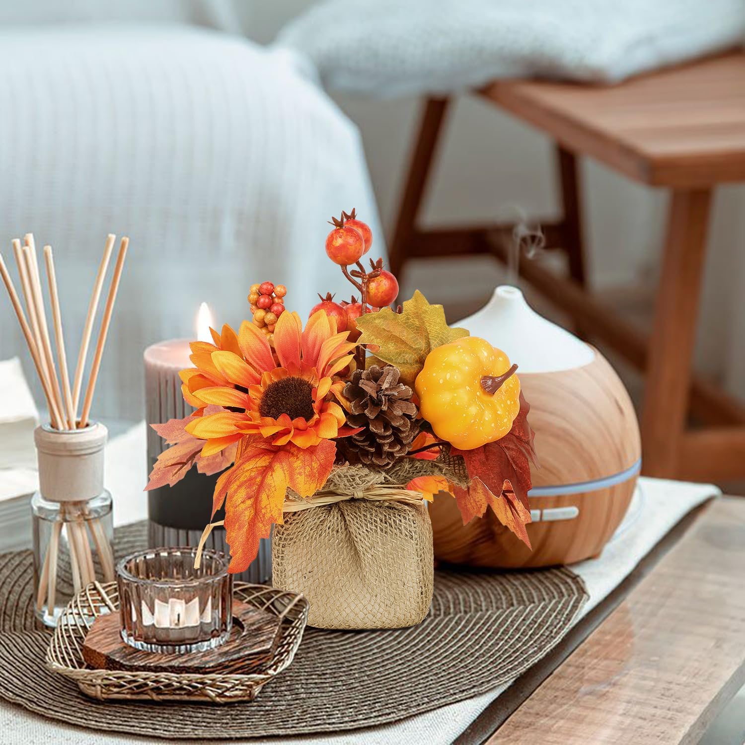 2 piezas de decoración de otoño para el hogar, plantas falsas en maceta de otoño con calabaza artificial girasol y hoja de arce, bayas y pino, ramo