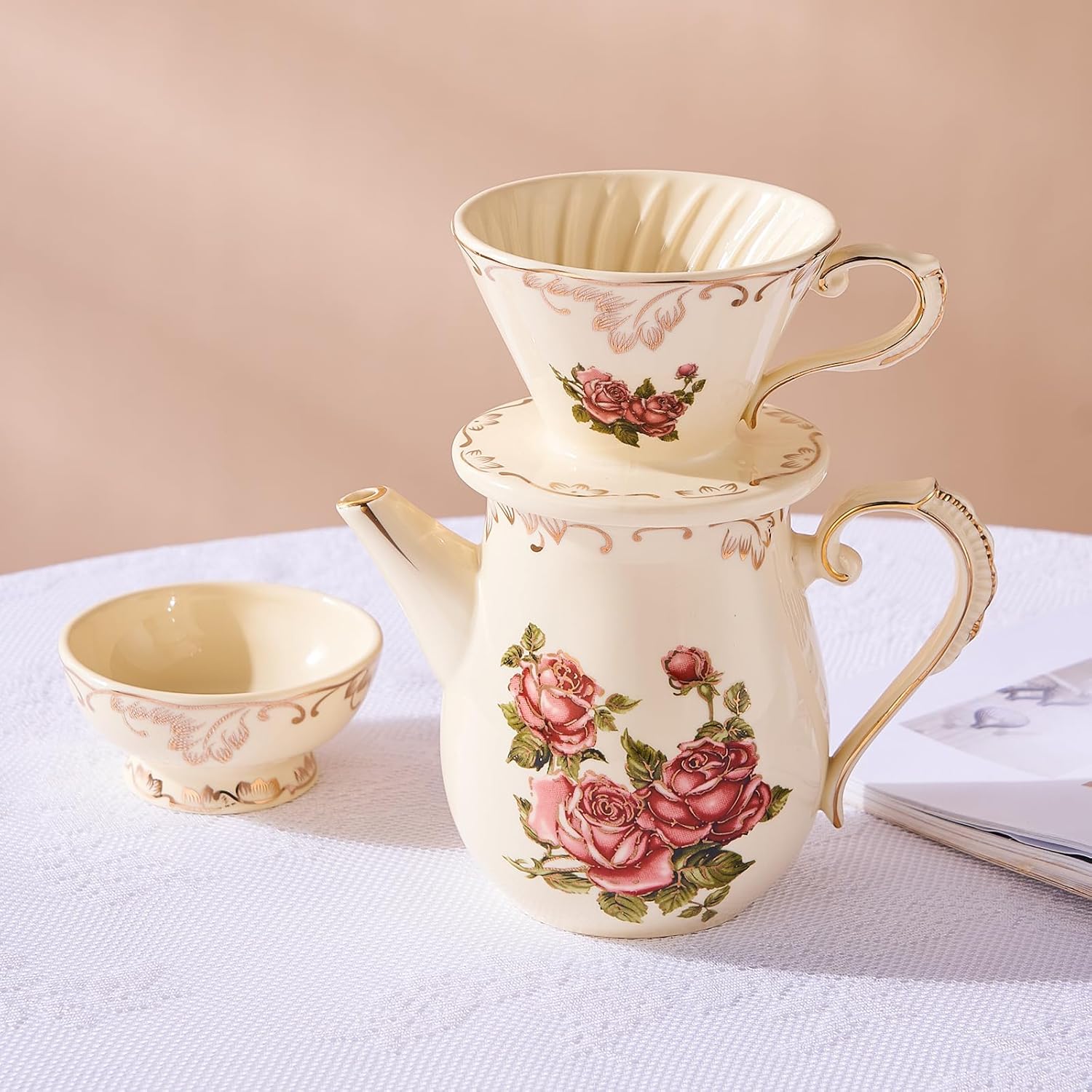 YOLIFE Floarl – Juego de gotero de café, cafetera de cerámica con diseño de cono, 1 taza, regalo para mujeres (rosa)