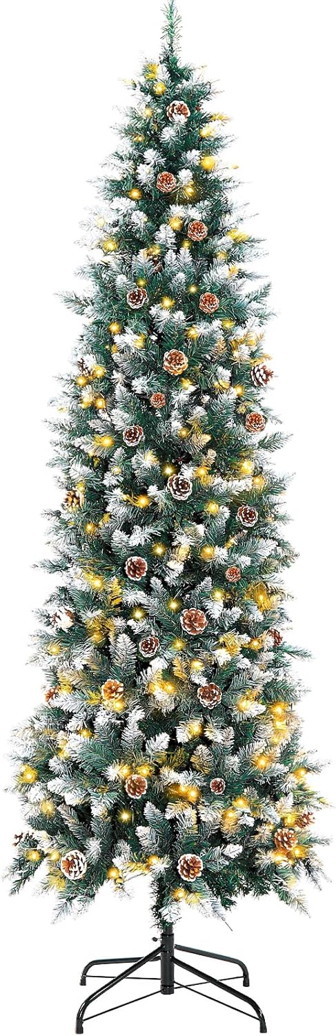Árbol de Navidad delgado preiluminado de 6 pies, árbol de Navidad artificial con luces blancas cálidas, árbol de Navidad delgado de copo de nieve