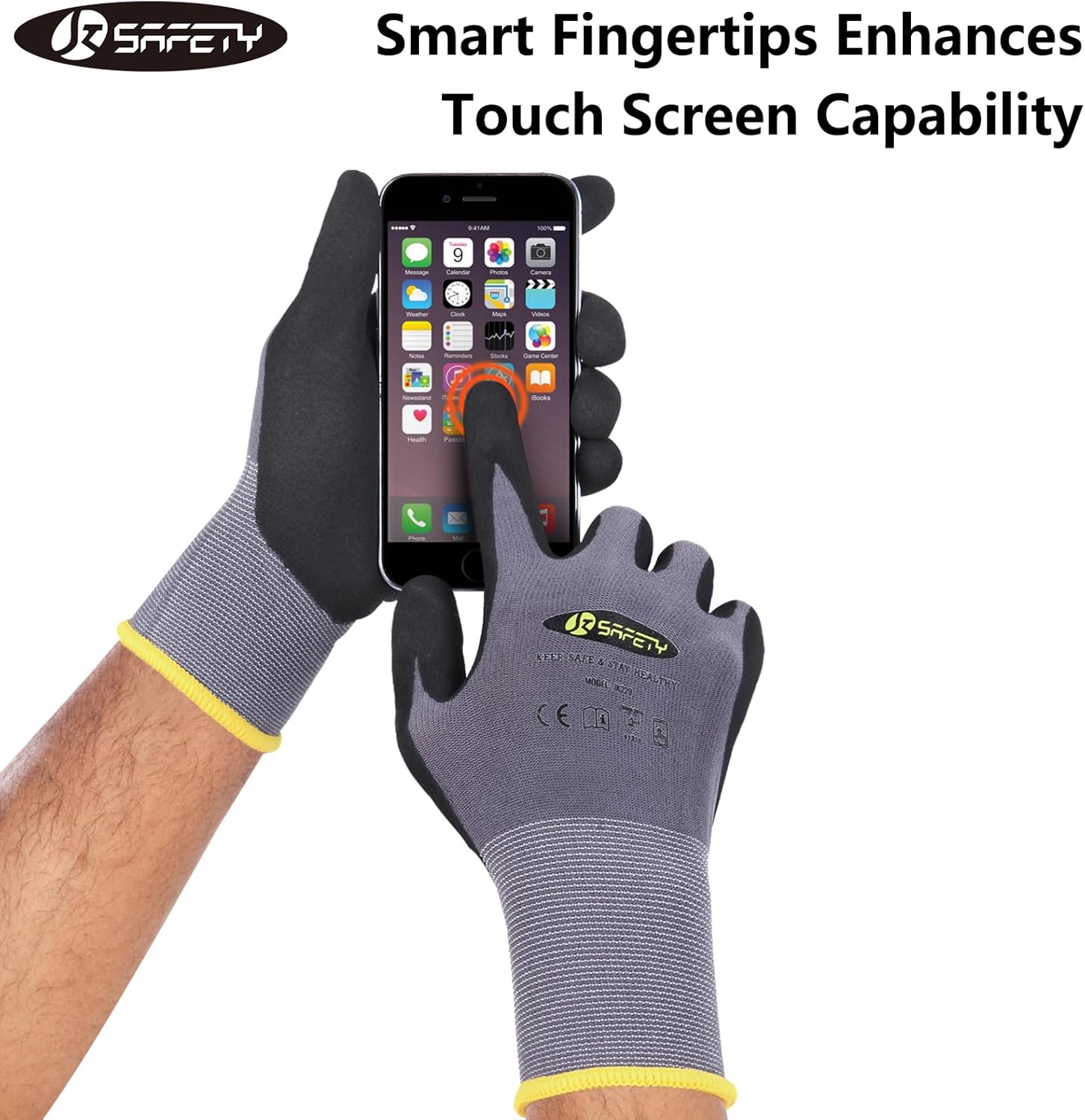 JKSafety Sandy MicroFoam – Guantes de trabajo de seguridad de nitrilo con capacidad para pantalla táctil, 6 pares de guantes de trabajo ligeros,