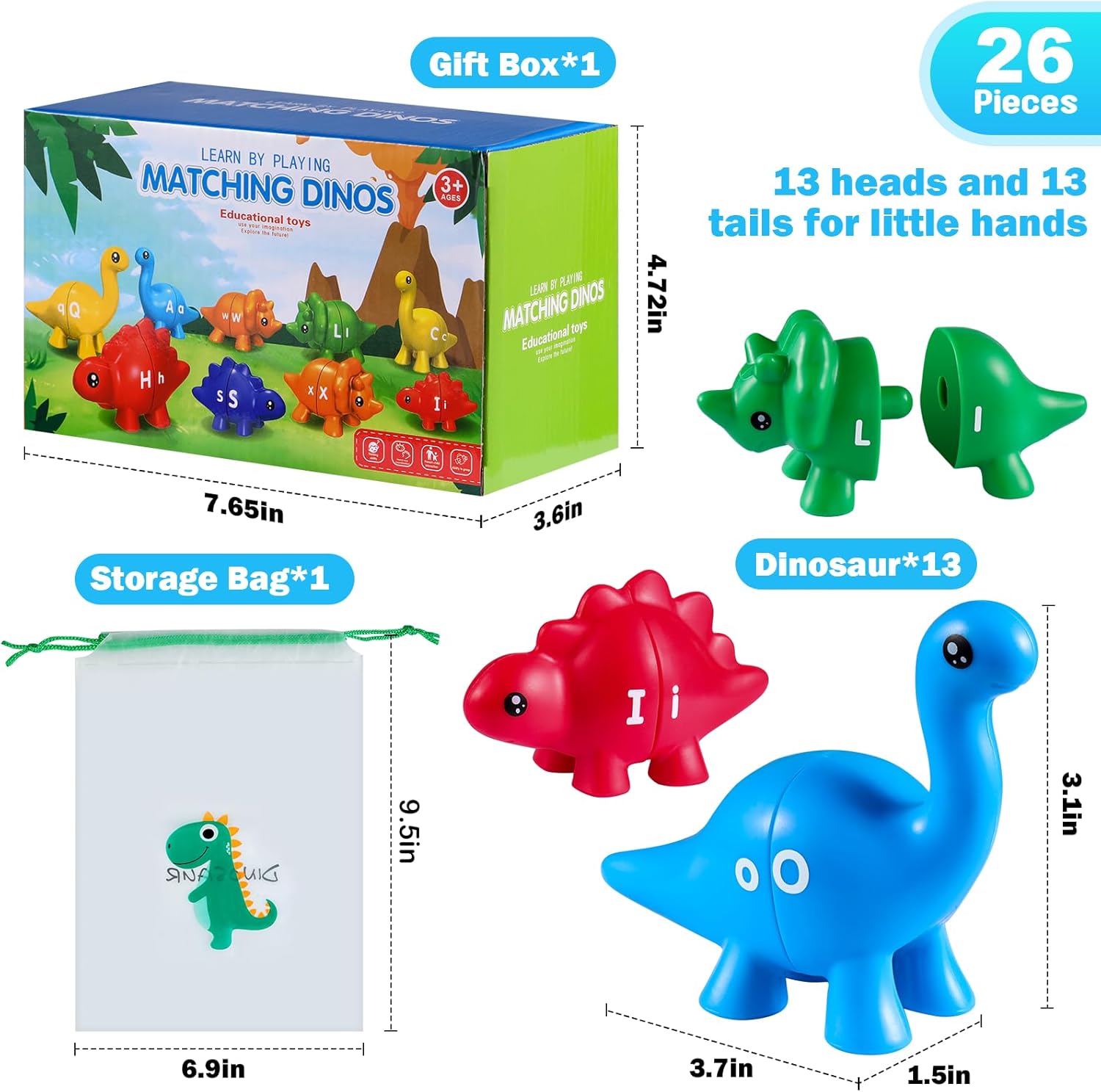 Rukkawwa Juguetes de dinosaurio con letras a juego, 26 piezas ABC para niños de 3 a 5 años, juguetes educativos de doble cara con minúscula