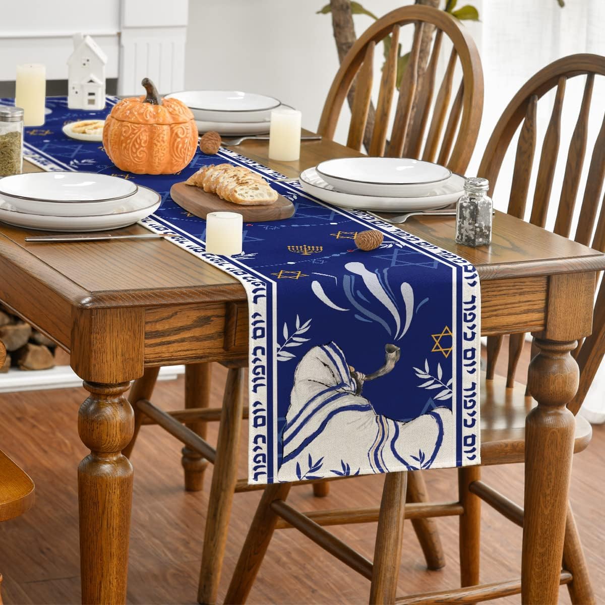 Artoid Mode Shofar Leaves Yom Kippur – Camino de mesa, hexagrama para cocina, comedor, decoración para exteriores, hogar, fiesta, 13 x 36 pulgadas