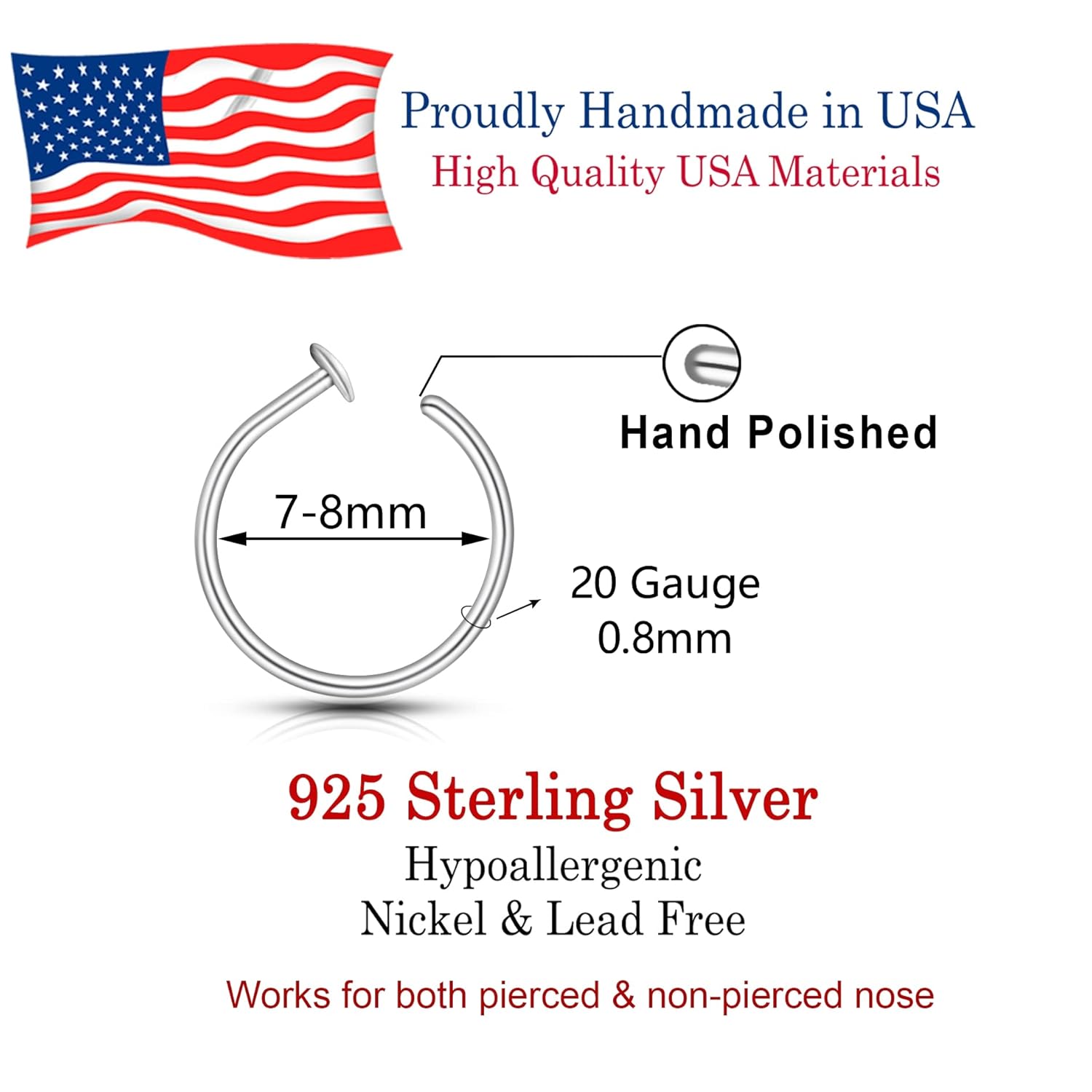 Small Thin Gold or Sterling Silver Nose Ring Hoop for Women, Adjustable with Stopper (Sterling Silver, 7-8mm  20 gauge)