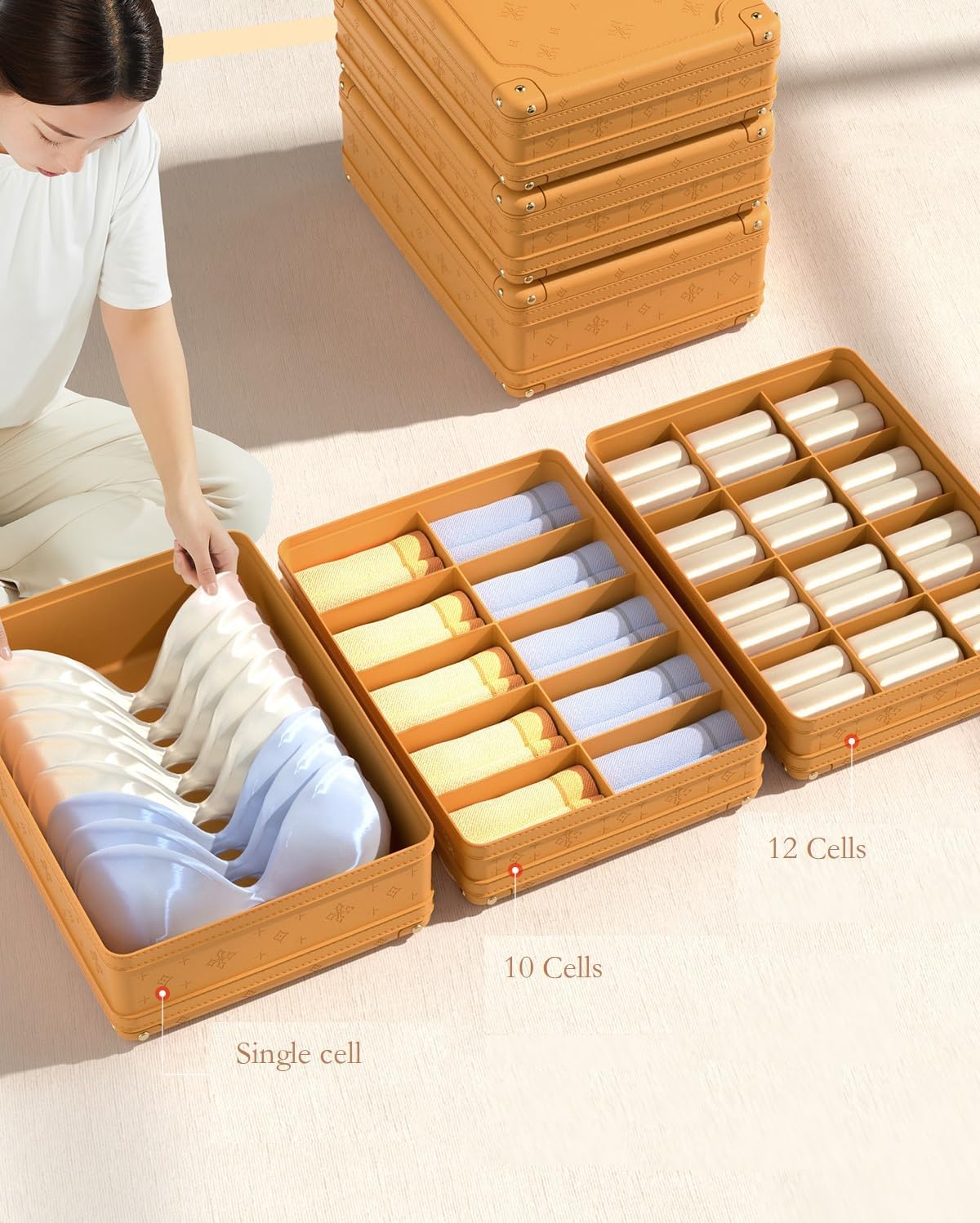 BEAU COLIN Organizador de cajones para ropa interior, organizador de 10 celdas de calcetines con tapa, cajas de almacenamiento apilables para
