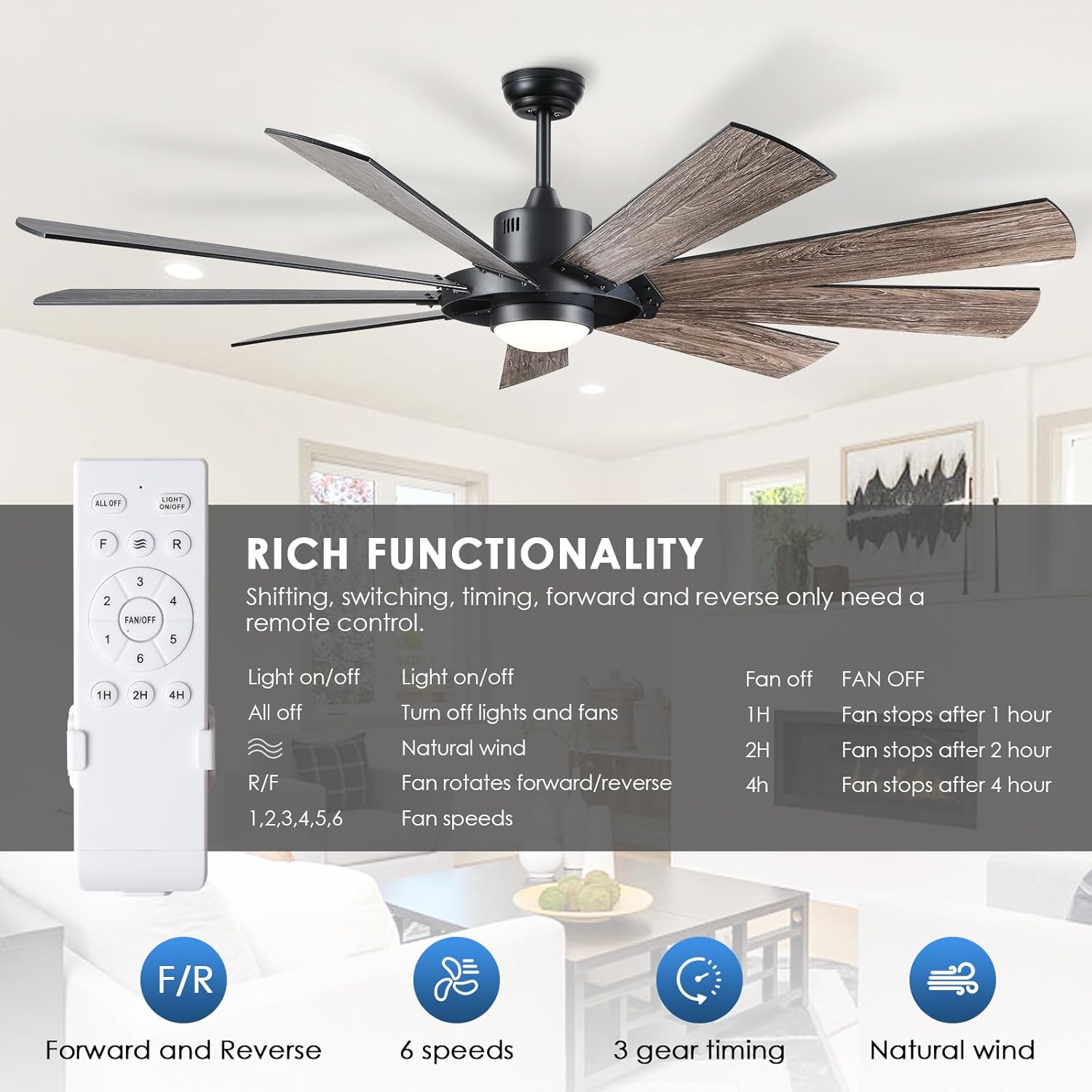 Dannilong Ventiladores de techo de 72 pulgadas con luces, ventilador de techo grande para interiores y exteriores con control remoto, motor
