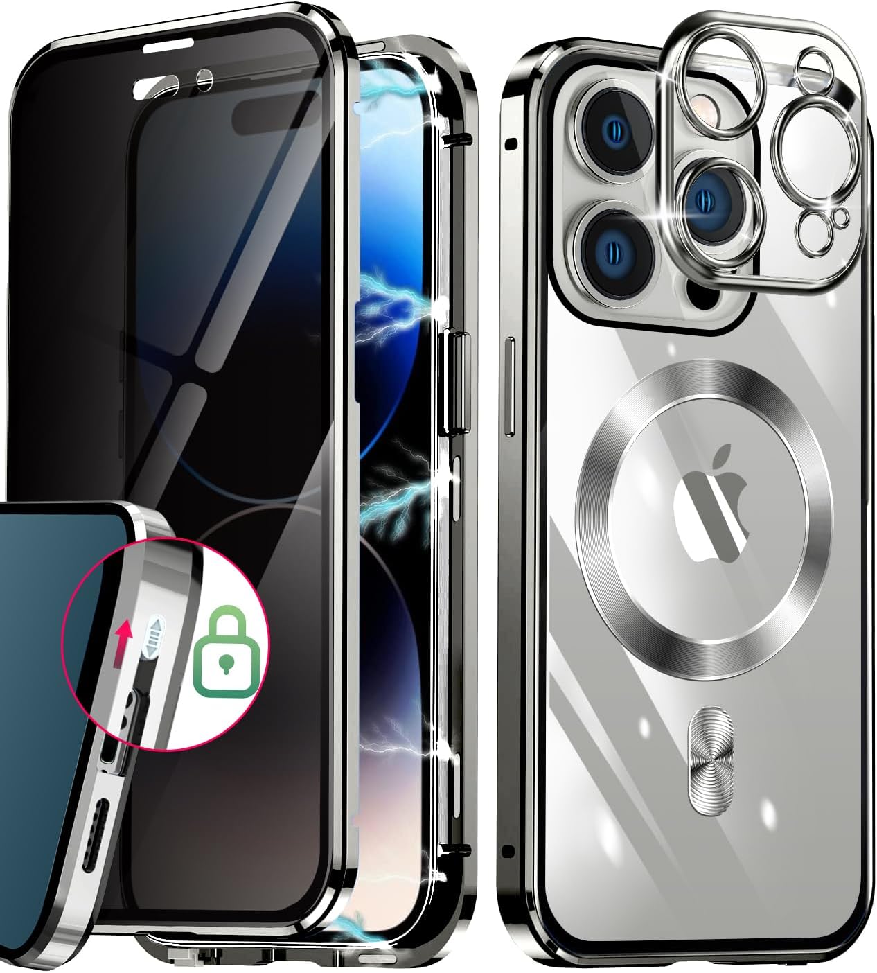 Bucle de CD + bloqueo de seguridad Funda magnética para iPhone 15 Pro Max, pantalla de privacidad con lente de cámara parachoques de metal