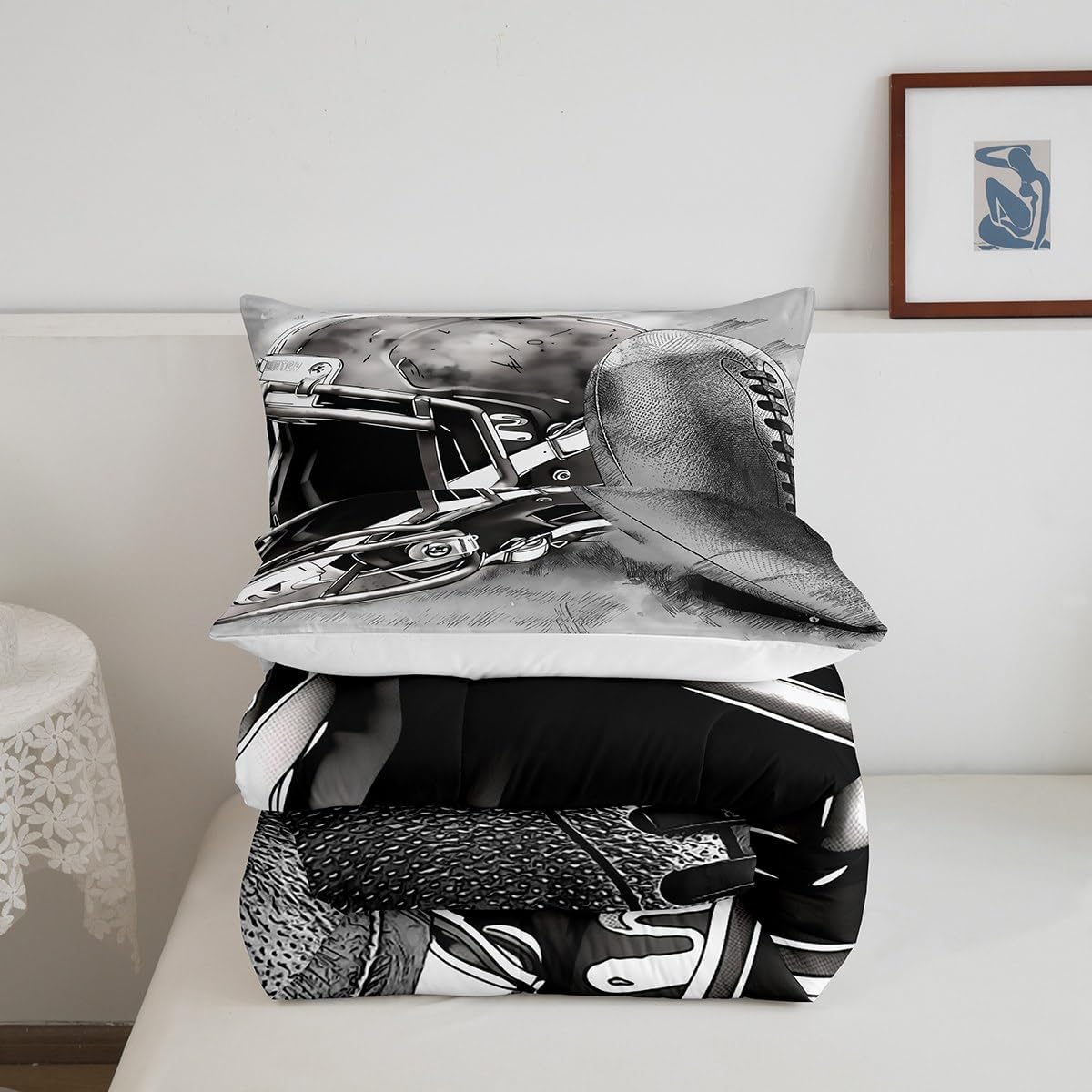 Erosebridal Juego de edredón gris para niños y adolescentes, juego de ropa de cama con temática deportiva, edredón acolchado con pintura de bocetos,