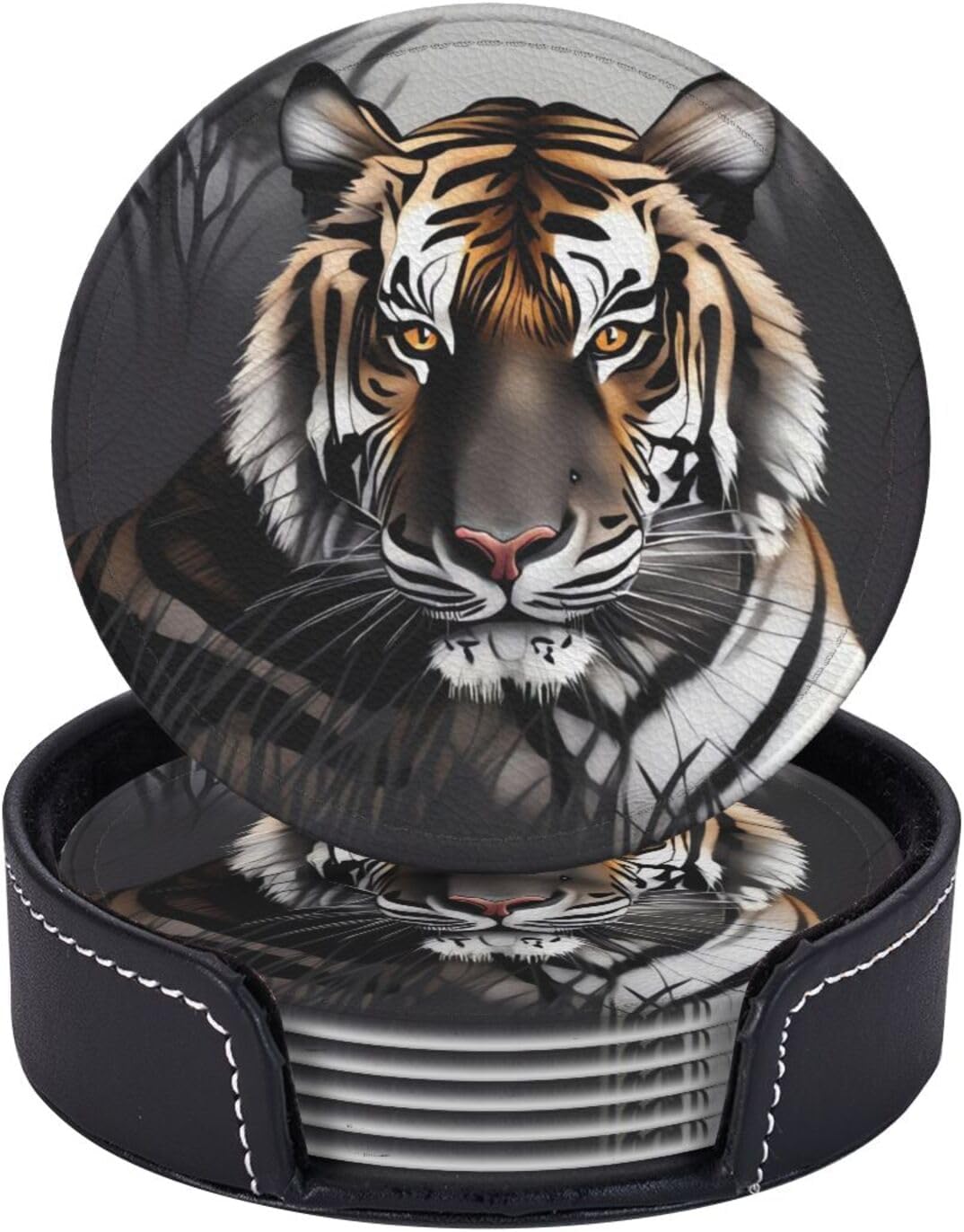 Juego de 6 posavasos de cuero con soporte, diseño de tigre en reposo, para bebidas, con aislamiento, posavasos redondos para decoración de mesa