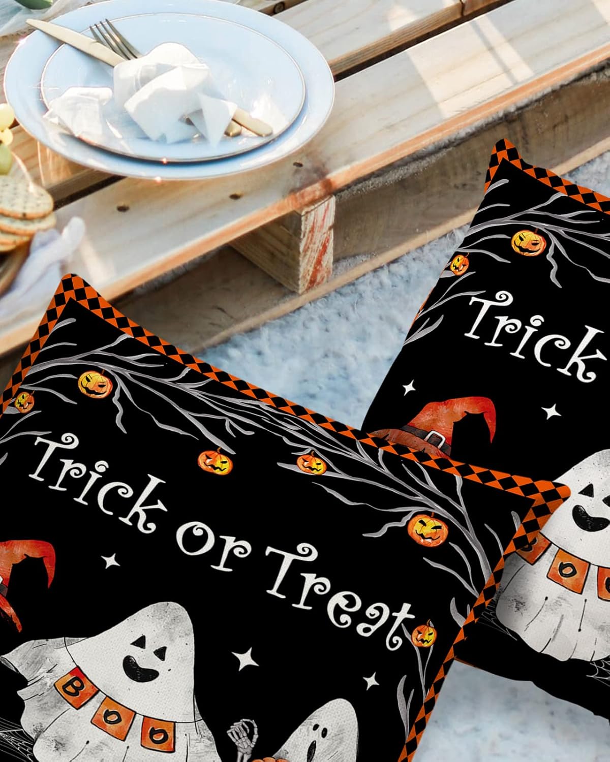 Fundas de almohada impermeables para exteriores, 16 x 16 pulgadas, diseño de fantasma y calabaza, sombrero de bruja, fundas de cojín decorativas