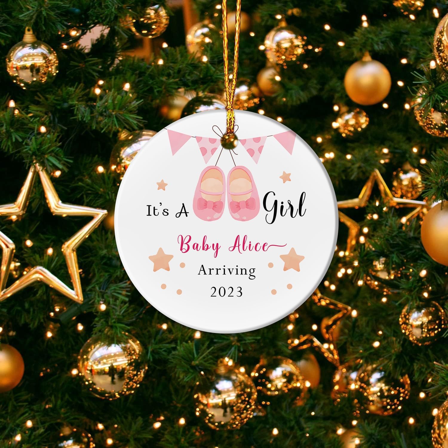 Adorno personalizado con nombre de niña, adornos de Navidad personalizados para revelación de género, adorno de Navidad para bebé, adorno de