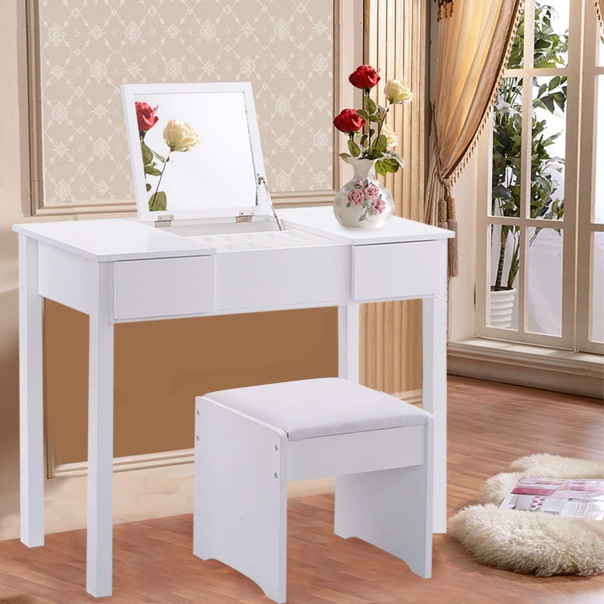 Casart Tocador de baño con espejo abatible, 2 cajones, 3 organizadores extraíbles (blanco)