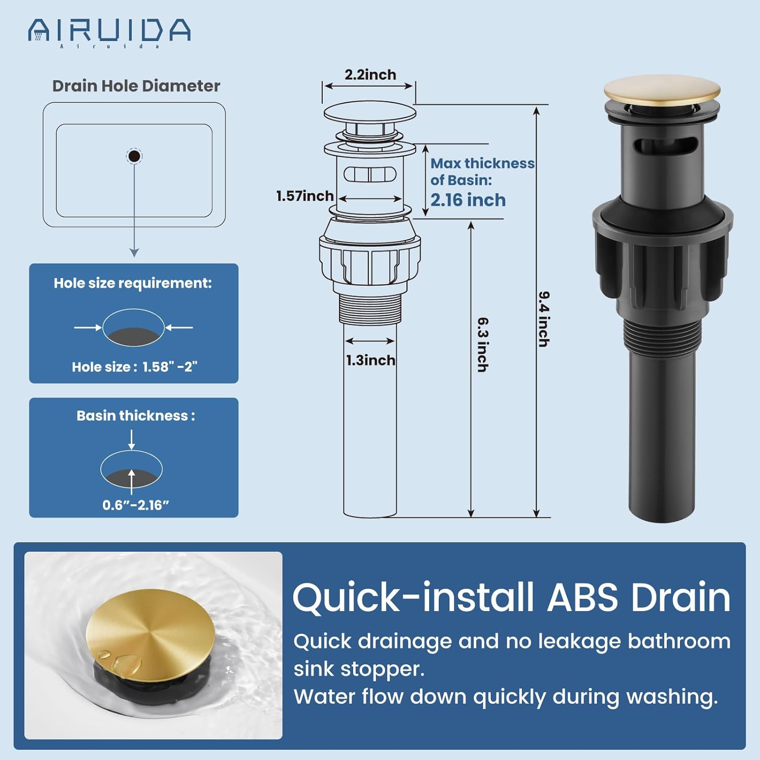 Airuida Grifo de baño central de 4 pulgadas, grifo de lavabo de baño de 2 asas, grifo de tocador de baño de dos agujeros con drenaje emergente, 2