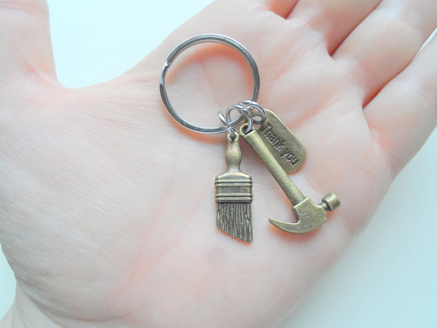Bronze Hammer & Paint Brush Charm Keychain with Thank You Tag, Builders, Construction Team, Contractor, Handyman Appreciation Keychain