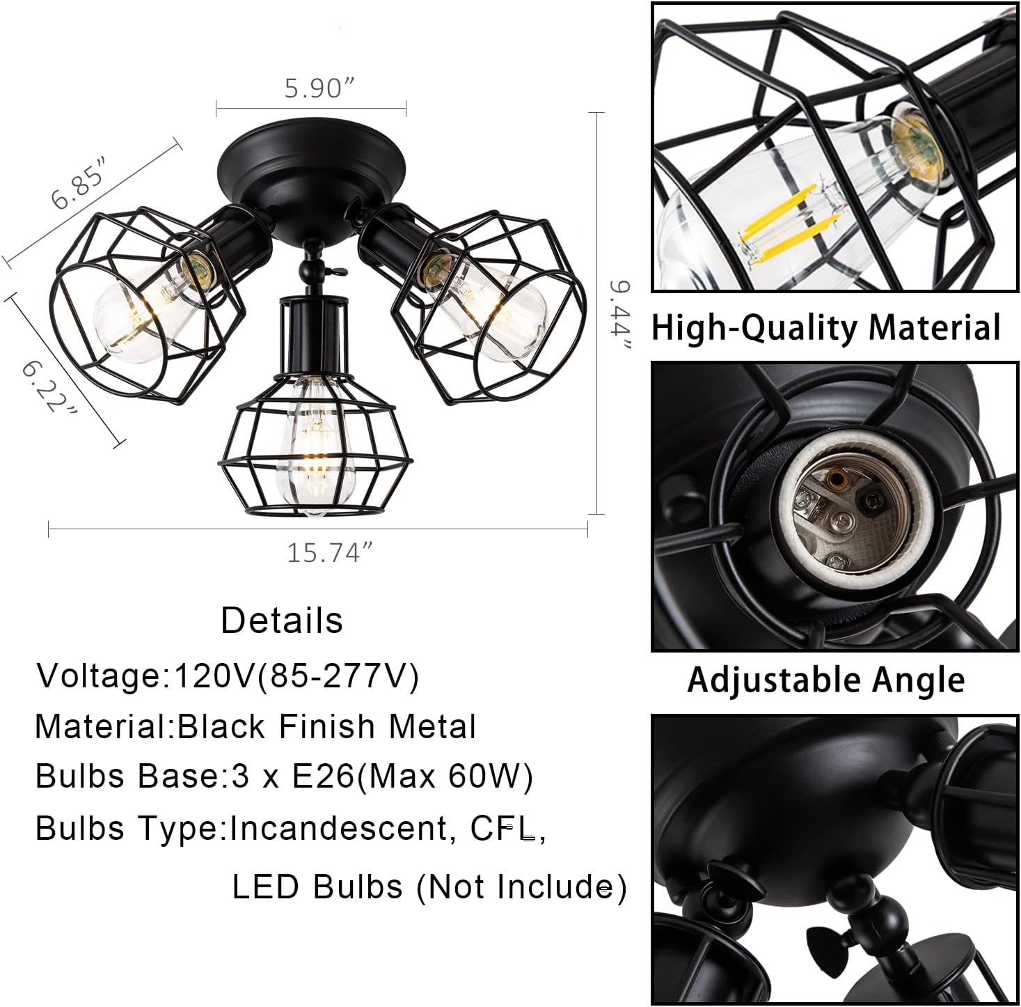 Lámpara de techo industrial negra semiempotrada vintage de 3 luces de jaula negra, lámpara de techo de montaje empotrado negro para cocina,