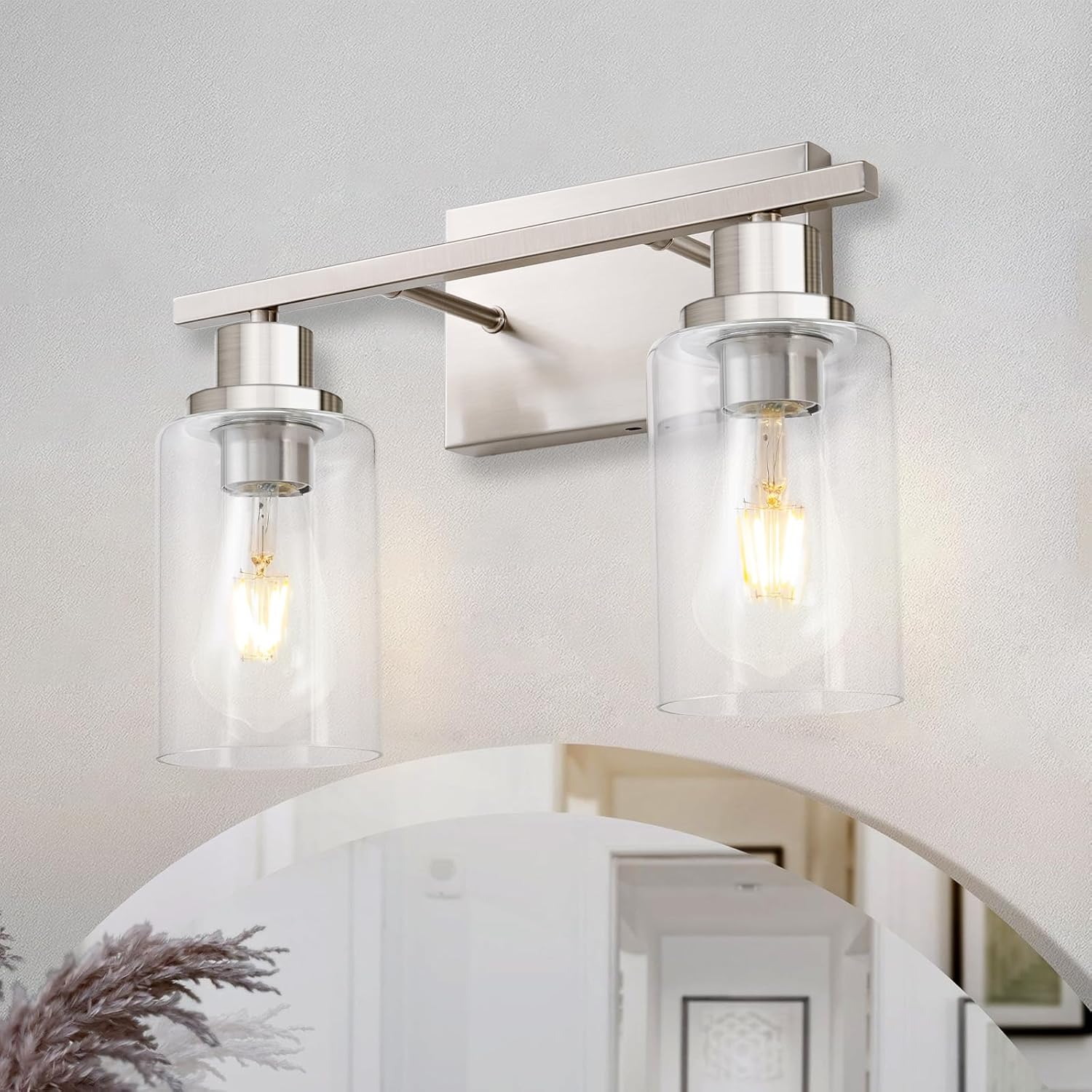 2 lámparas de baño, lámpara de tocador de níquel cepillado sobre espejo, moderna casa de campo, apliques de pared para baño, dormitorio, sala de