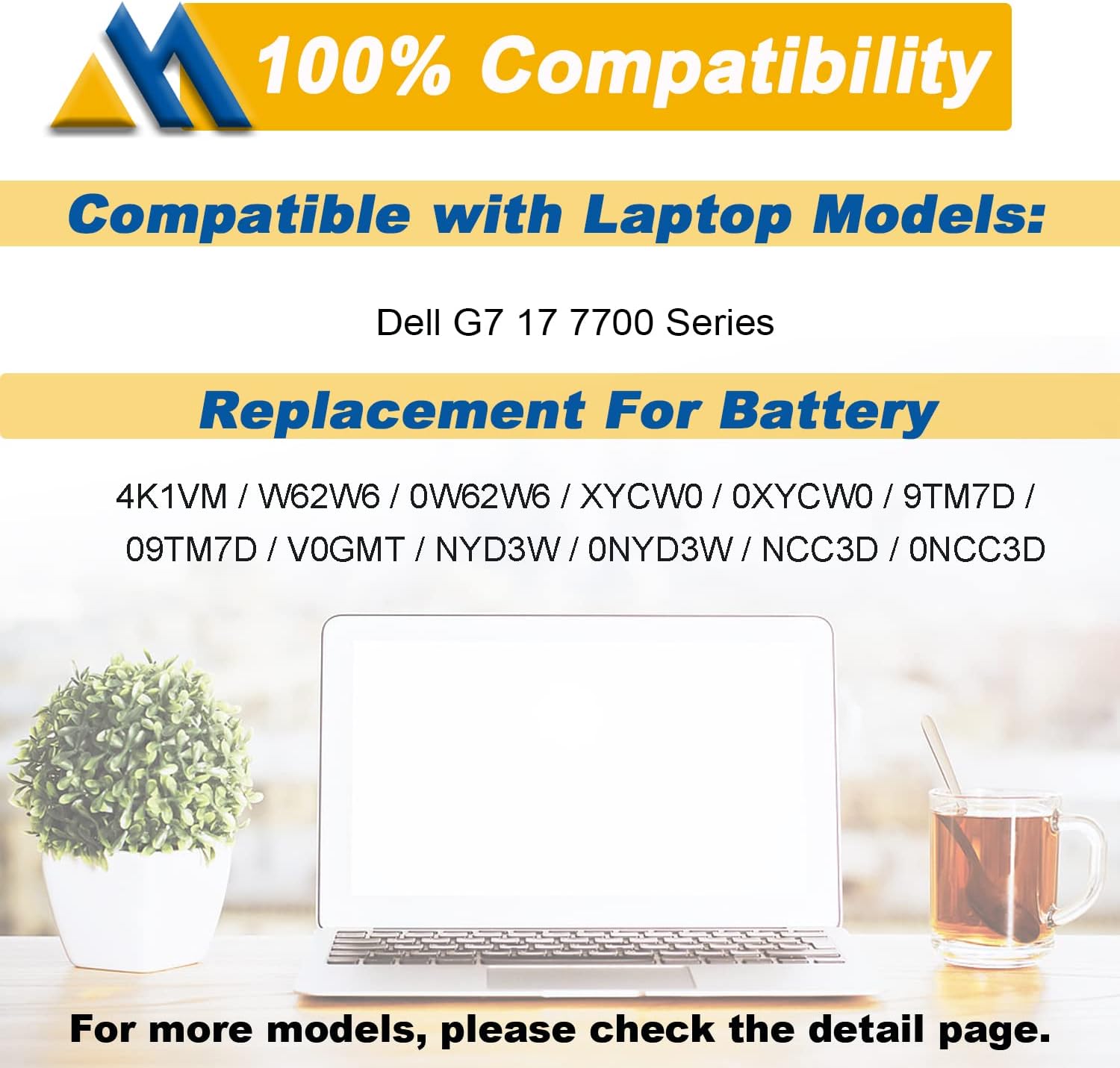 Reemplazo de batería 97Wh 4K1VM para Dell G7 17 7700 Series Notebook W62W6 0W62W6 9TM7D 09TM7D XYCW0 0XYCW0 V0GMT NCC3D 0NCC3D NYD3W 0NYD3W 11.4V