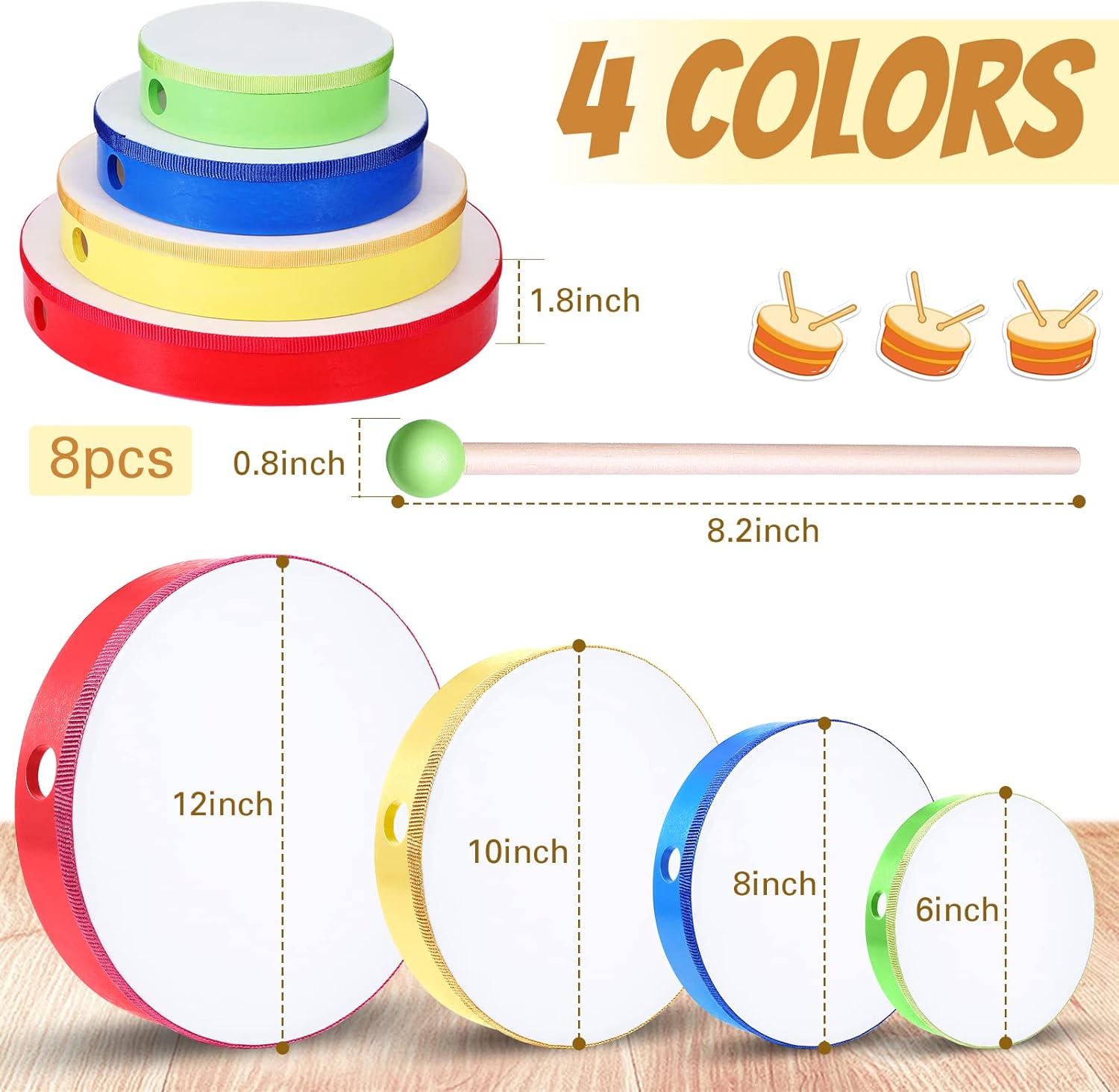 Juego de 4 tambores de mano para niños y adultos, con marco de madera, con barra de tambor, de 12 pulgadas, 10 pulgadas, 8 pulgadas, 6 pulgadas,