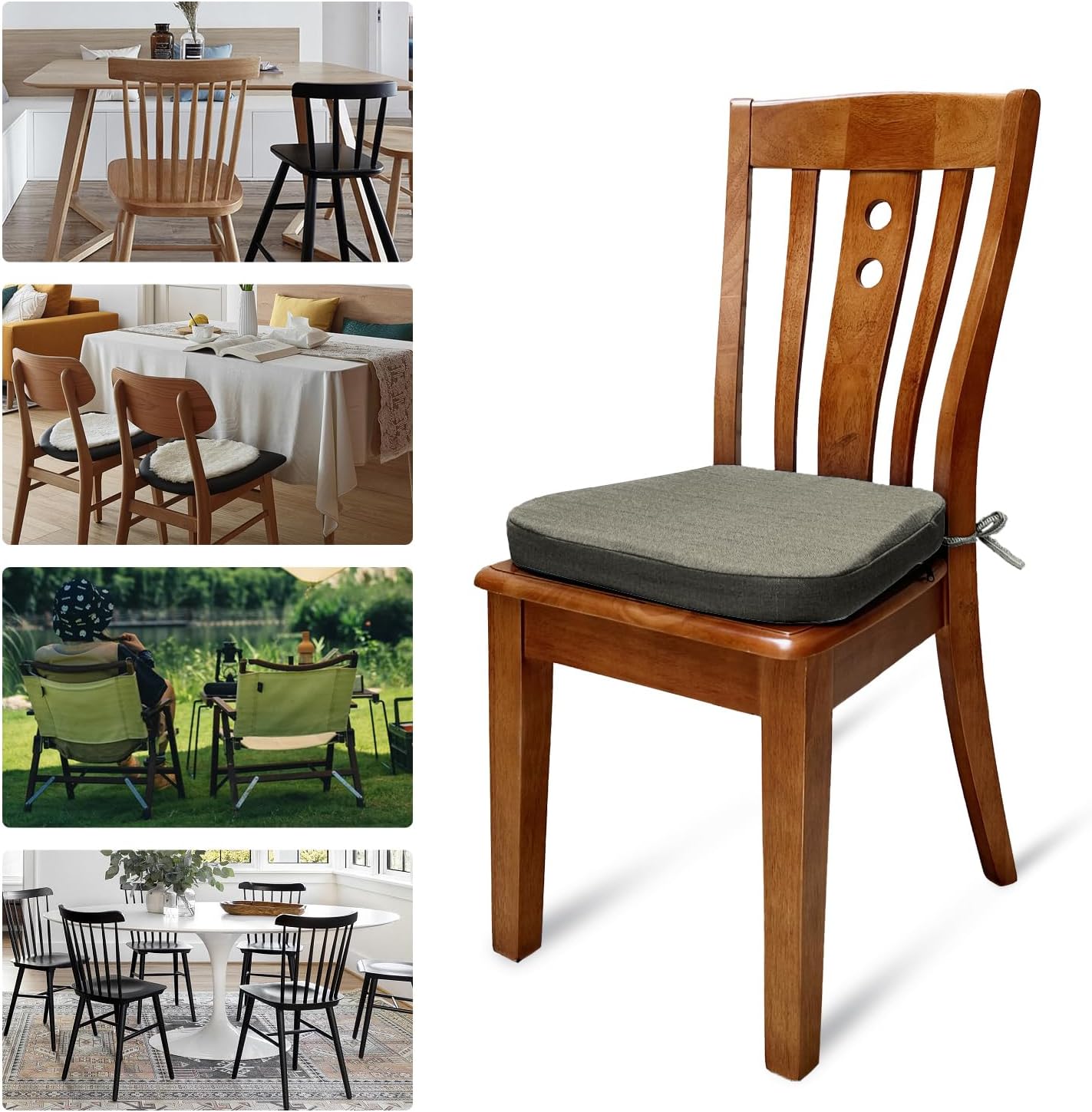 Cojín para silla de comedor con lazos para sillas de comedor, almohadilla gruesa de espuma viscoelástica para silla de cocina, 17 x 16.5 x 1.5