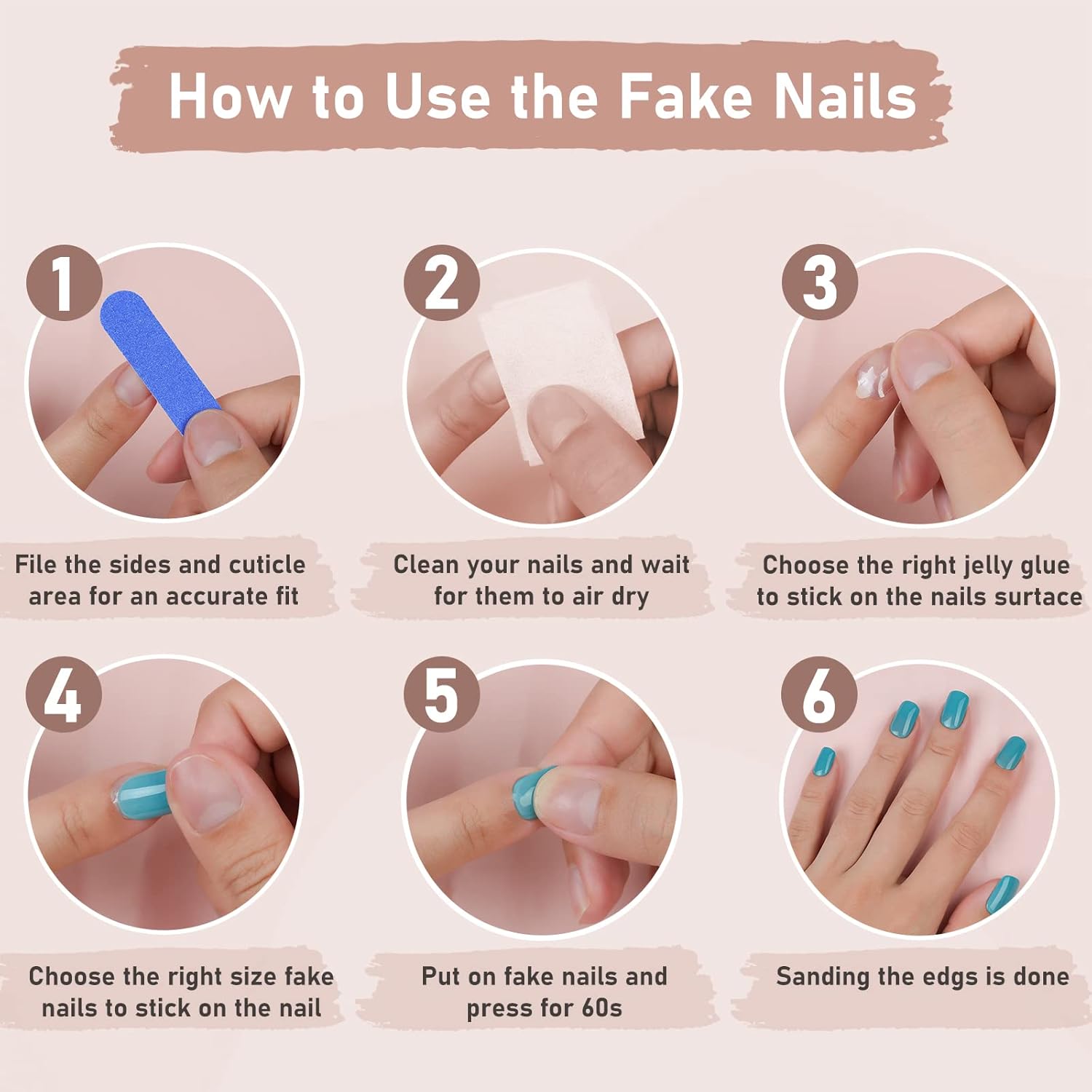 Uñas postizas cortas a presión, cuadradas marrones, acrílicas brillantes, sólidas, naturales, 24 piezas de uñas postizas con diseños, kit de arte de