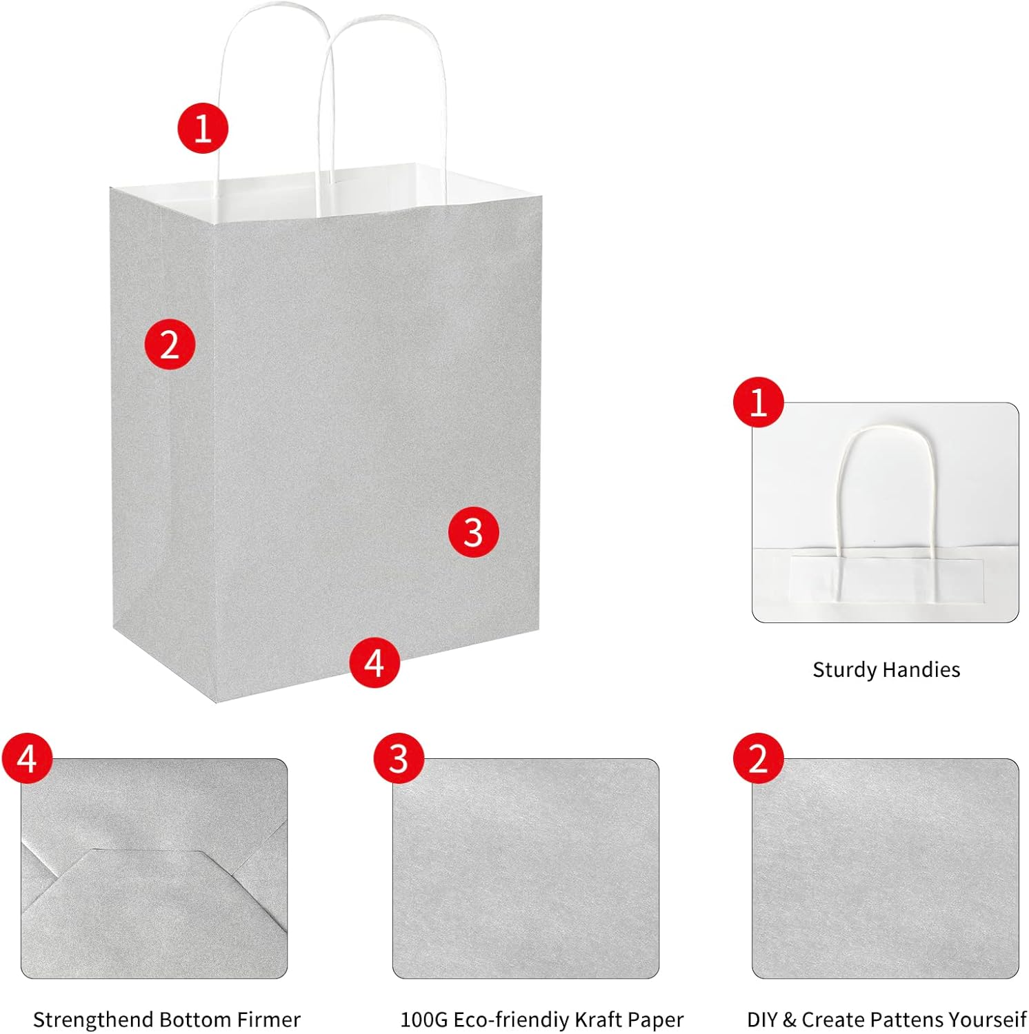 Oikss Paquete de 50 bolsas de papel medianas de 8 x 4.75 x 10 pulgadas con asas, bolsas de papel kraft a granel, bolsas de papel kraft para