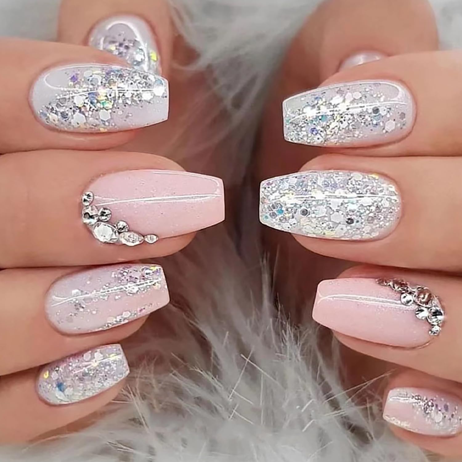 Uñas postizas artificiales a presión de longitud media con diseño de lentejuelas plateadas, cobertura completa, reutilizables, rosadas, en forma de