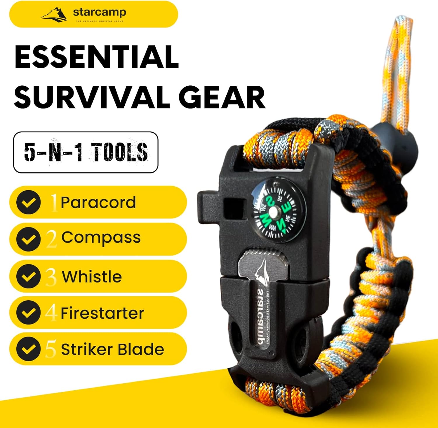 Starcamp – Pulsera de supervivencia de paracaídas, silbato fuerte, brújula de emergencia, raspador, accesorios para senderismo y campamento, paquete
