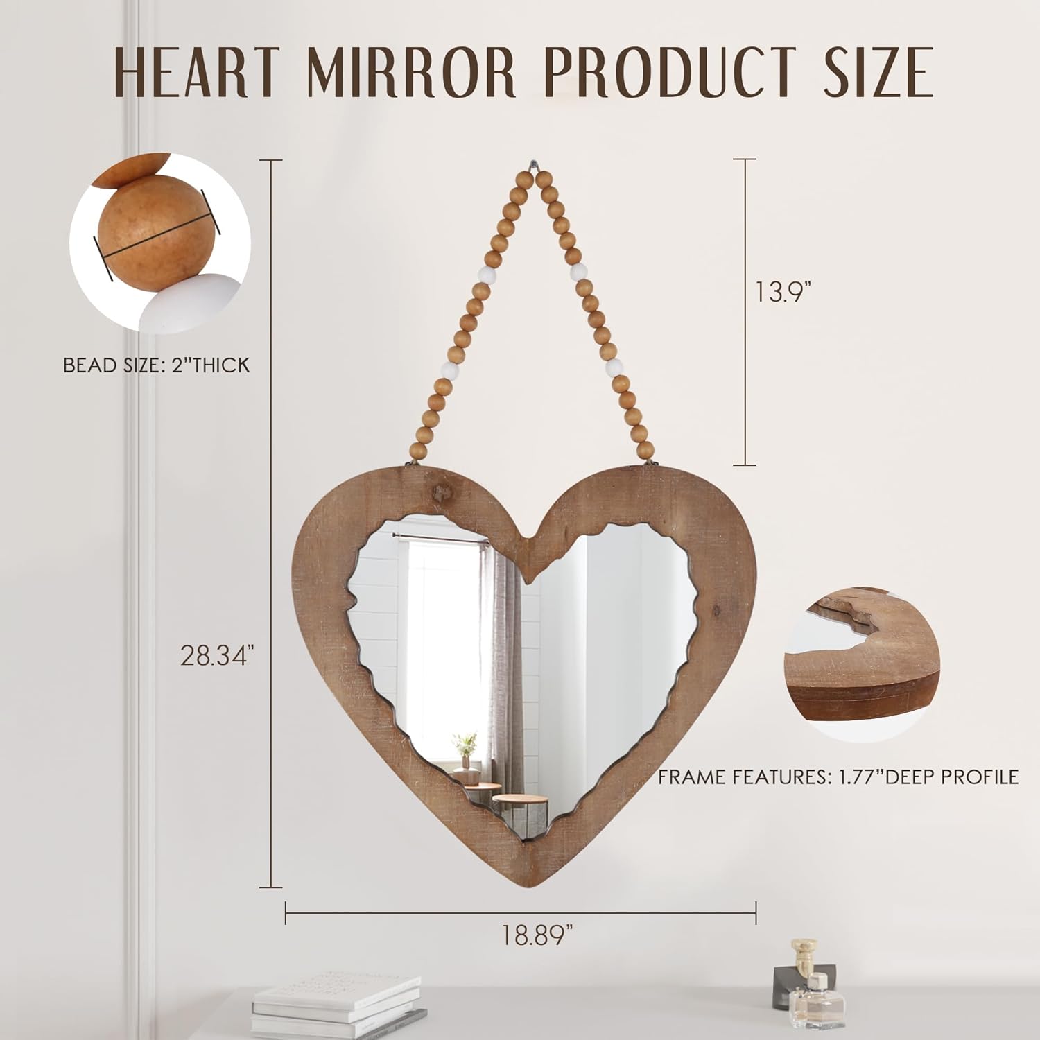 Espejo de corazón con cadena de cuentas para decoración de pared, espejo colgante en forma de corazón de madera, hermoso espejo decorativo rústico