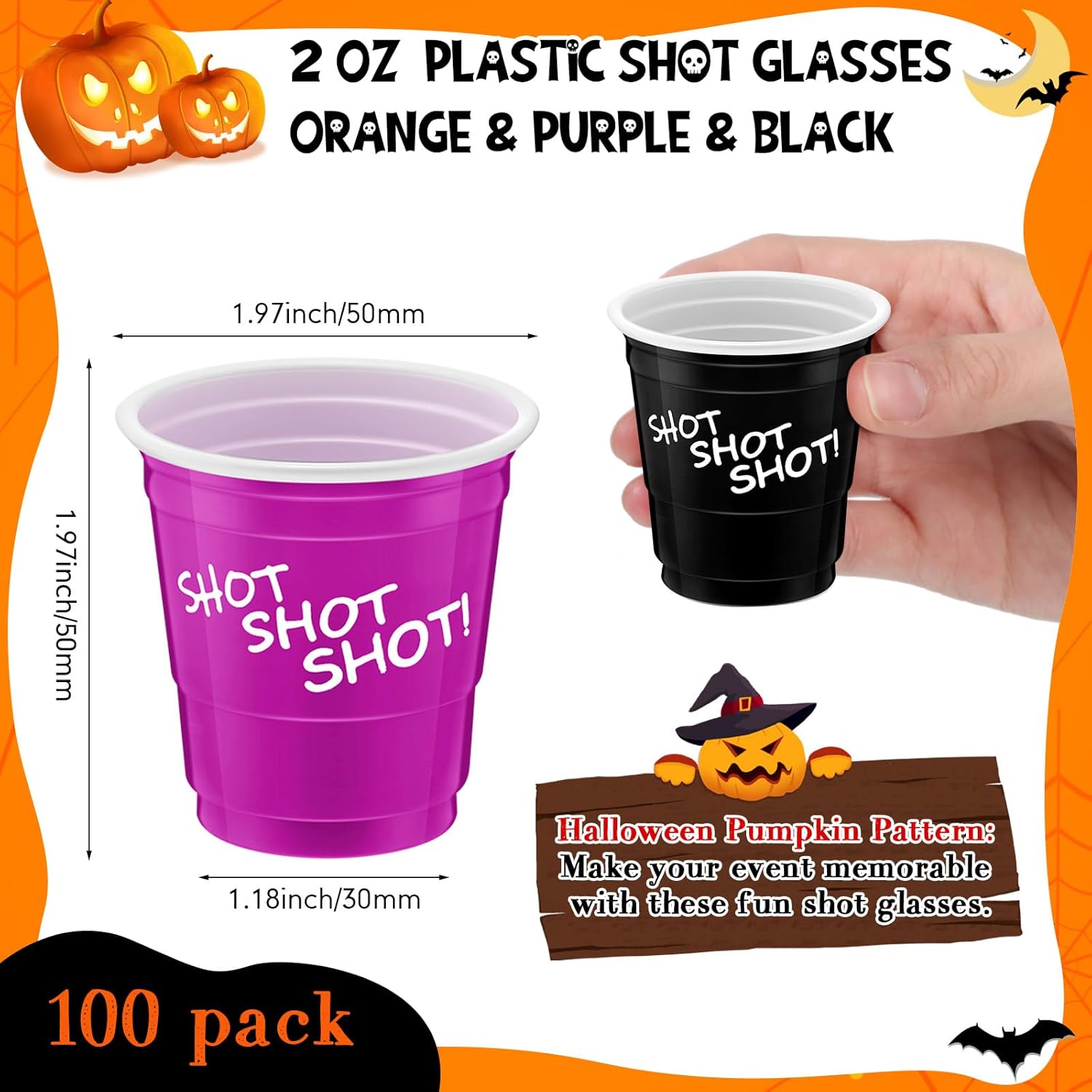 Lounsweer 100 vasos de plástico para Halloween, vasos desechables de 2 onzas, mini vasos de fiesta de 2 onzas para despedida de soltera, cumpleaños,