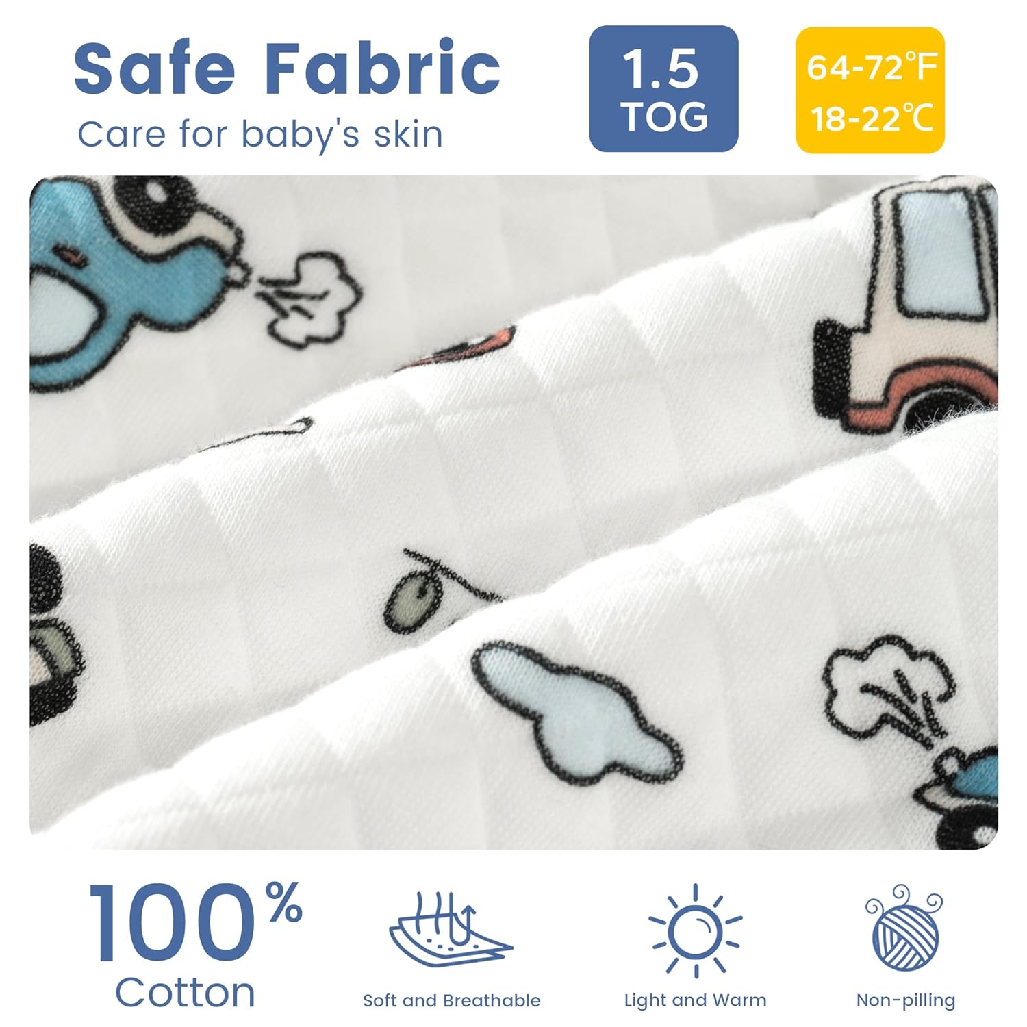 ZIGJOY Saco de dormir para bebé con pies y cremallera en la cadera de 1.5 TOG, manta de vestir 100% algodón para todas las estaciones, pijamas para