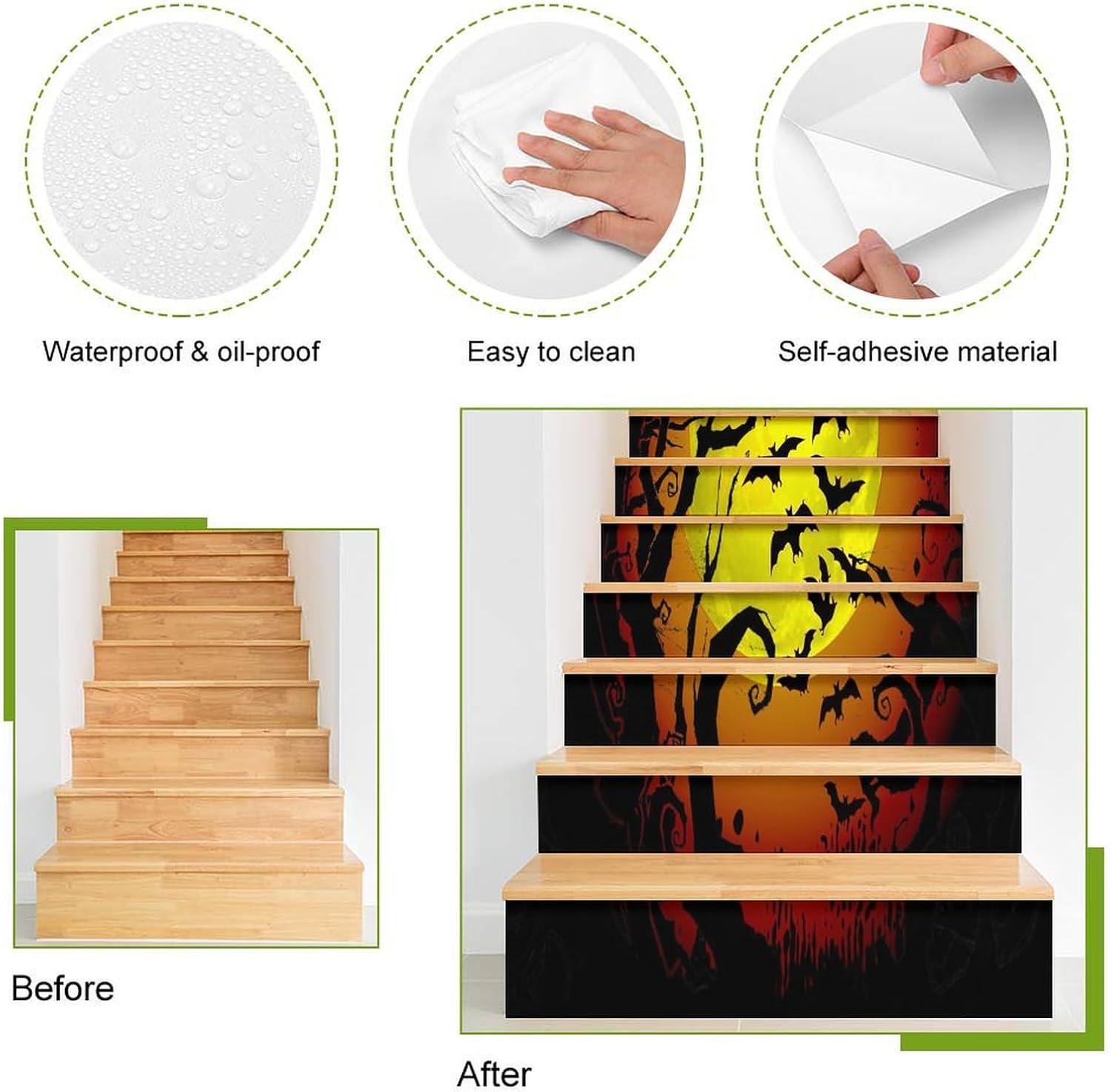 Calcomanías para elevar escaleras de Halloween, murciélagos espeluznantes, bosque, luna llena, telaraña, decoración para el hogar y la oficina, 1
