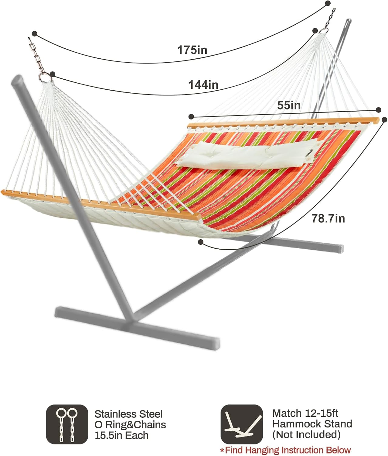 Hamaca de tela acolchada doble de 12 pies con barras separadoras y almohada, capacidad de peso de 450 libras, hamaca para 2 personas para patio al