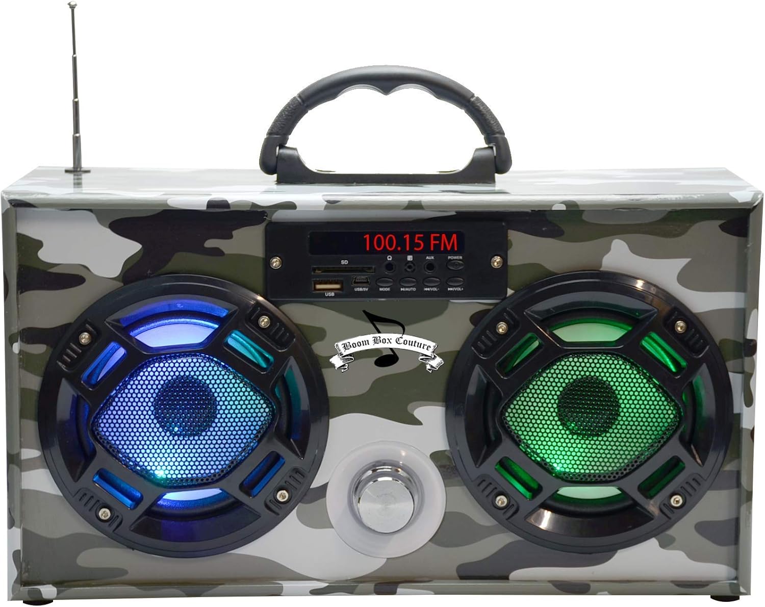 Wireless Express – Mini Boombox con altavoces LED – Altavoz Bluetooth retro con radio FM mejorada – Perfecto para el hogar y al aire libre