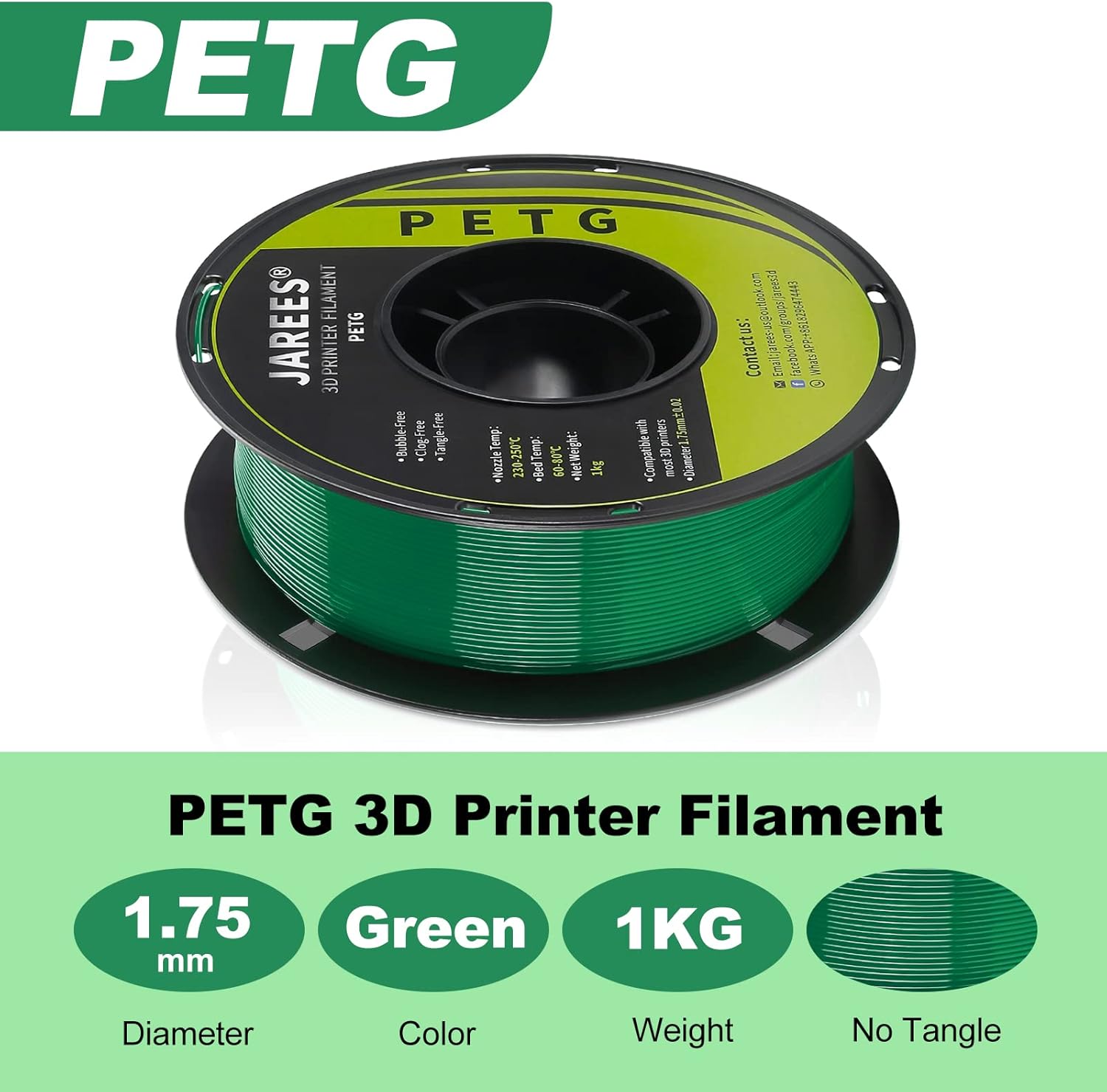 JAREES Filamento Petg de 1.75, dureza mejorada Petg verde sellado al vacío, carrete de 2.2 lbs, filamento de impresión 3D sin enredos, precisión