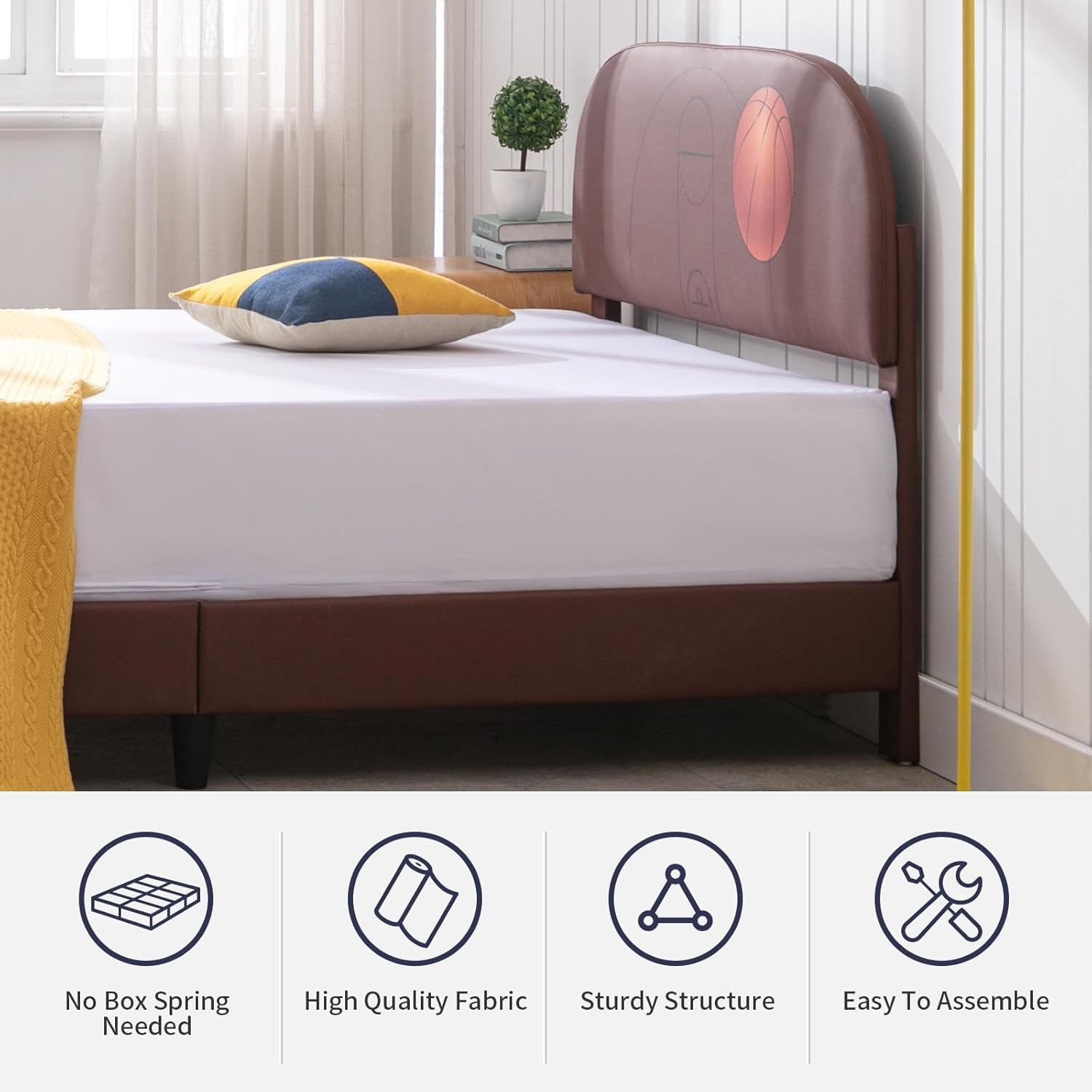 Zafly – Marco de cama matrimonial para niños, marco de cama tapizado de madera con soporte de listones, marco de cama para niños con cabecera