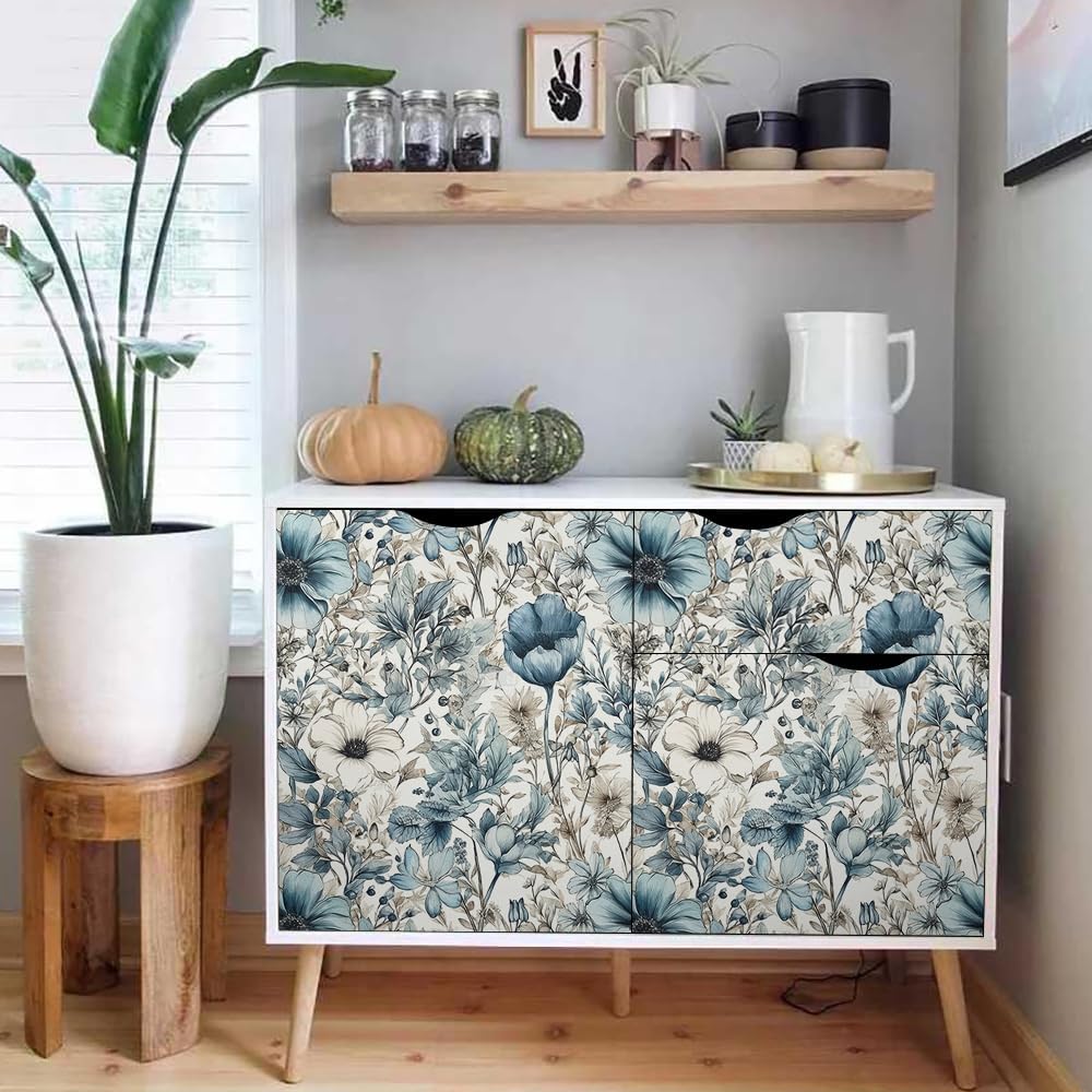 Papel tapiz autoadhesivo autoadhesivo de 18 x 236 pulgadas, diseño de flores florales en acuarela azulblanco, papel de contacto extraíble, papel de