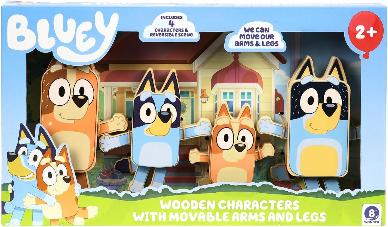 Bluey Figuras de personajes de madera  4 figuras de madera coloridas  Certificado FSC para niños de 3 años en adelante