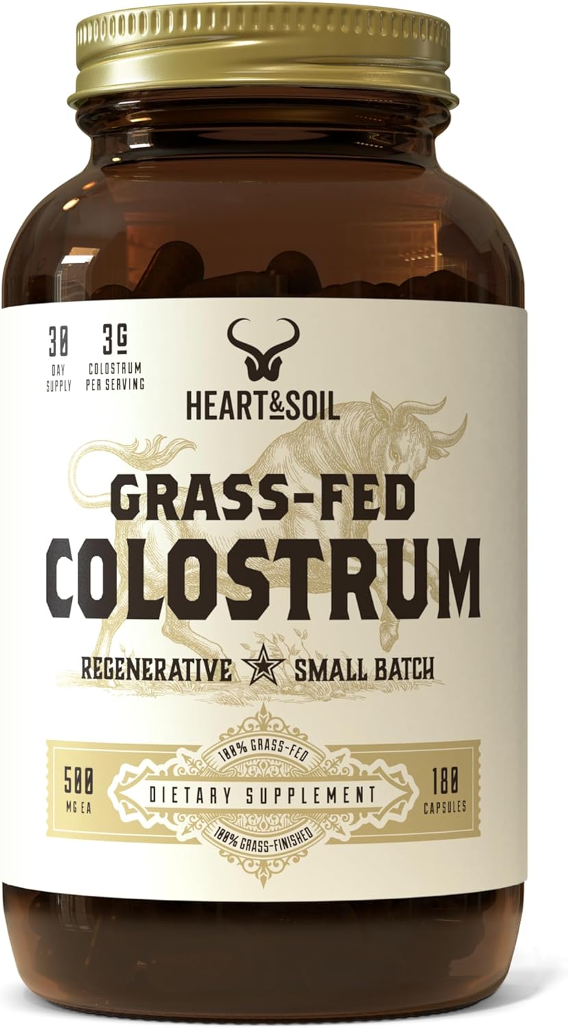 HEART & SOIL Calostro alimentado con pasto (180 cápsulas)  Suplemento dietético para la salud de la piel y recuperación del ejercicio, sin OMG,
