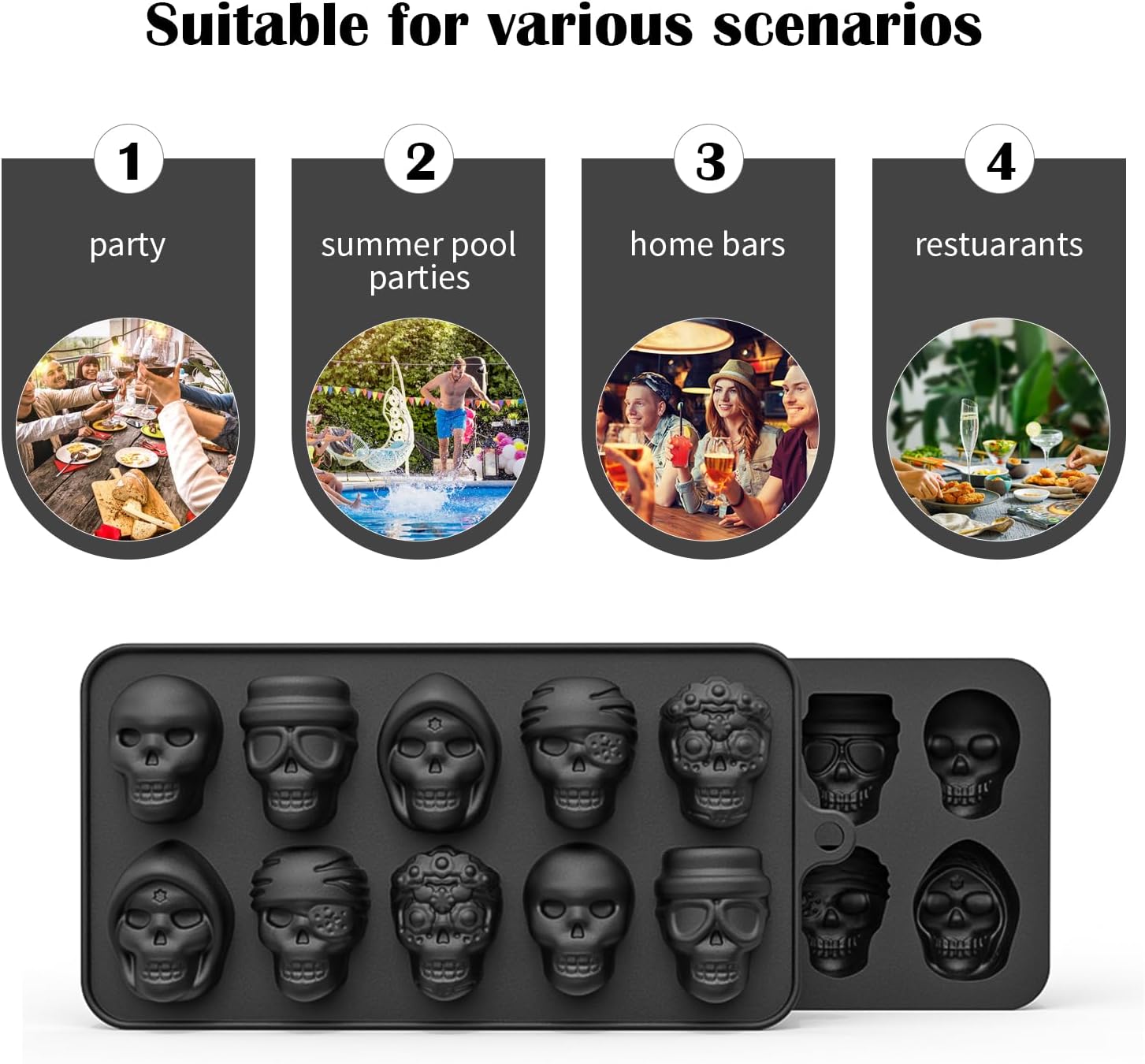 Juego de moldes de calavera 3D de 10 cavidades, molde de silicona para cubitos de hielo, para enfriar, whisky, cócteles, bebidas, pudín, chocolate,
