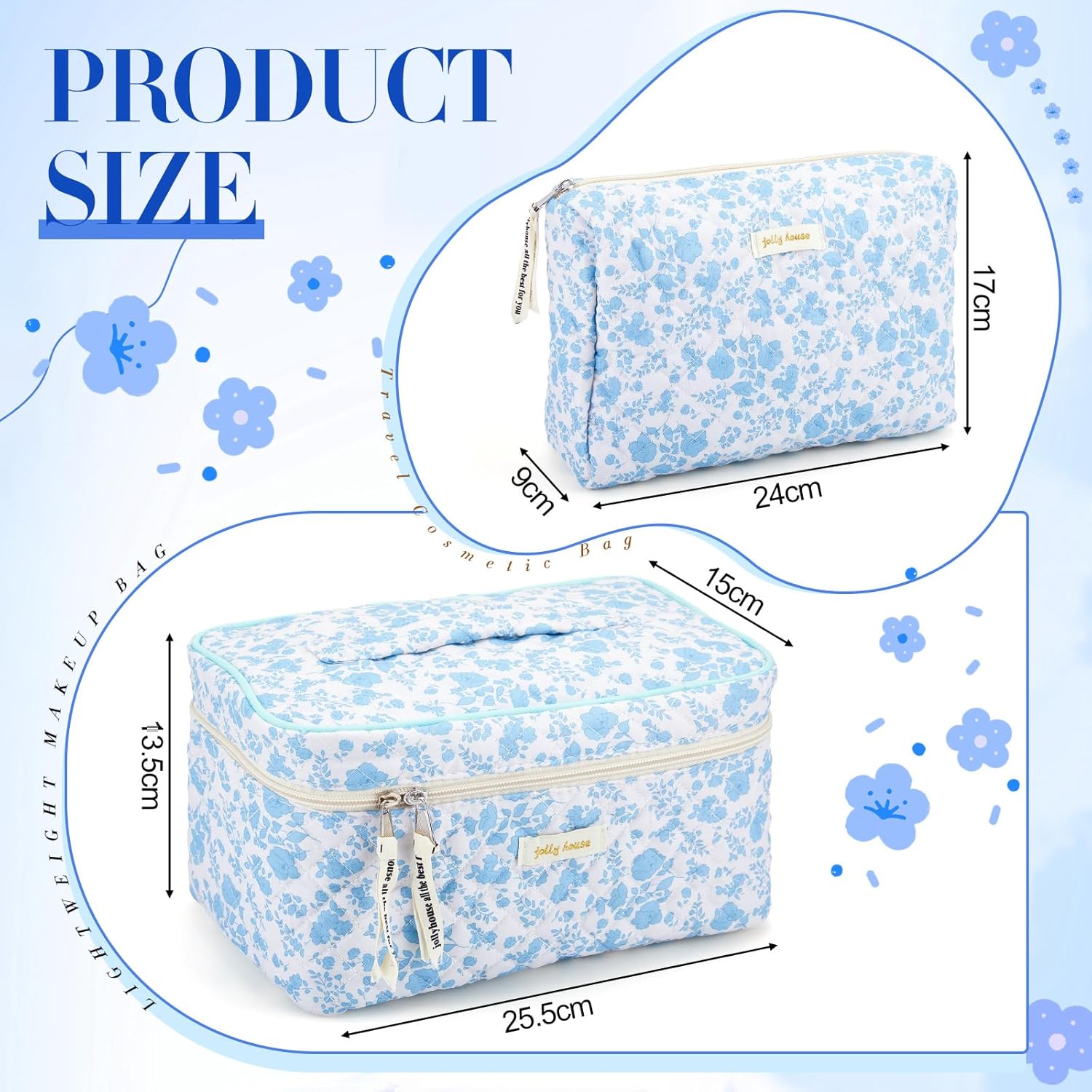2 bolsas de maquillaje acolchadas de algodón, bolsa grande de viaje para cosméticos, estética, linda peonía floral, organizador de artículos de