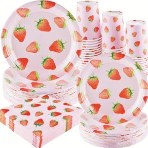 Juego de vajilla de fiesta de fresa, 200 piezas de suministros para fiesta de cumpleaños, platos de papel desechables de fresa, platos de cena, Juego de vajilla de fiesta de fresa, 200 piezas de suministros para fiesta de cumpleaños, platos de papel desechables de fresa, platos de cena,