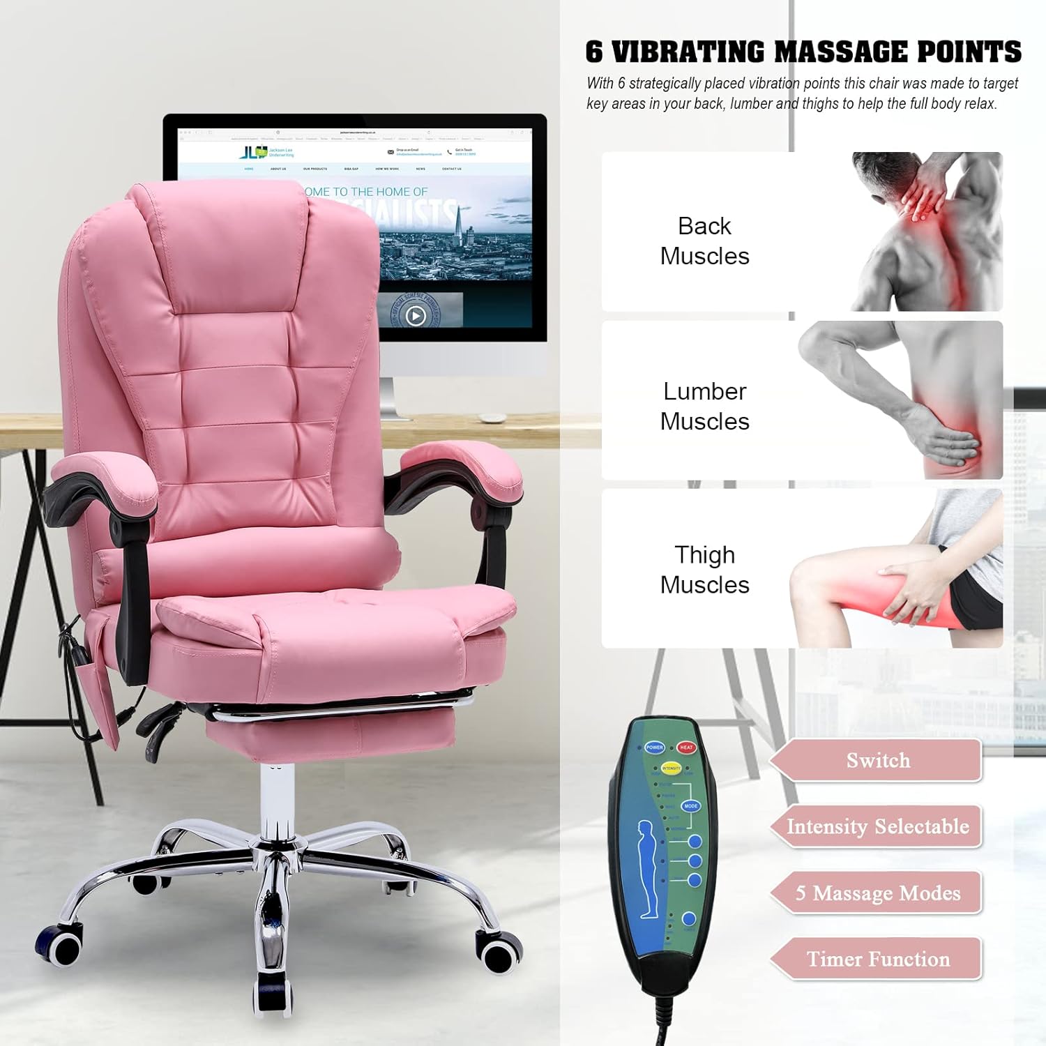 Silla de oficina de masaje, silla ejecutiva ergonómica para computadora con reposapiés, silla de oficina ejecutiva de piel sintética con reposabrazo