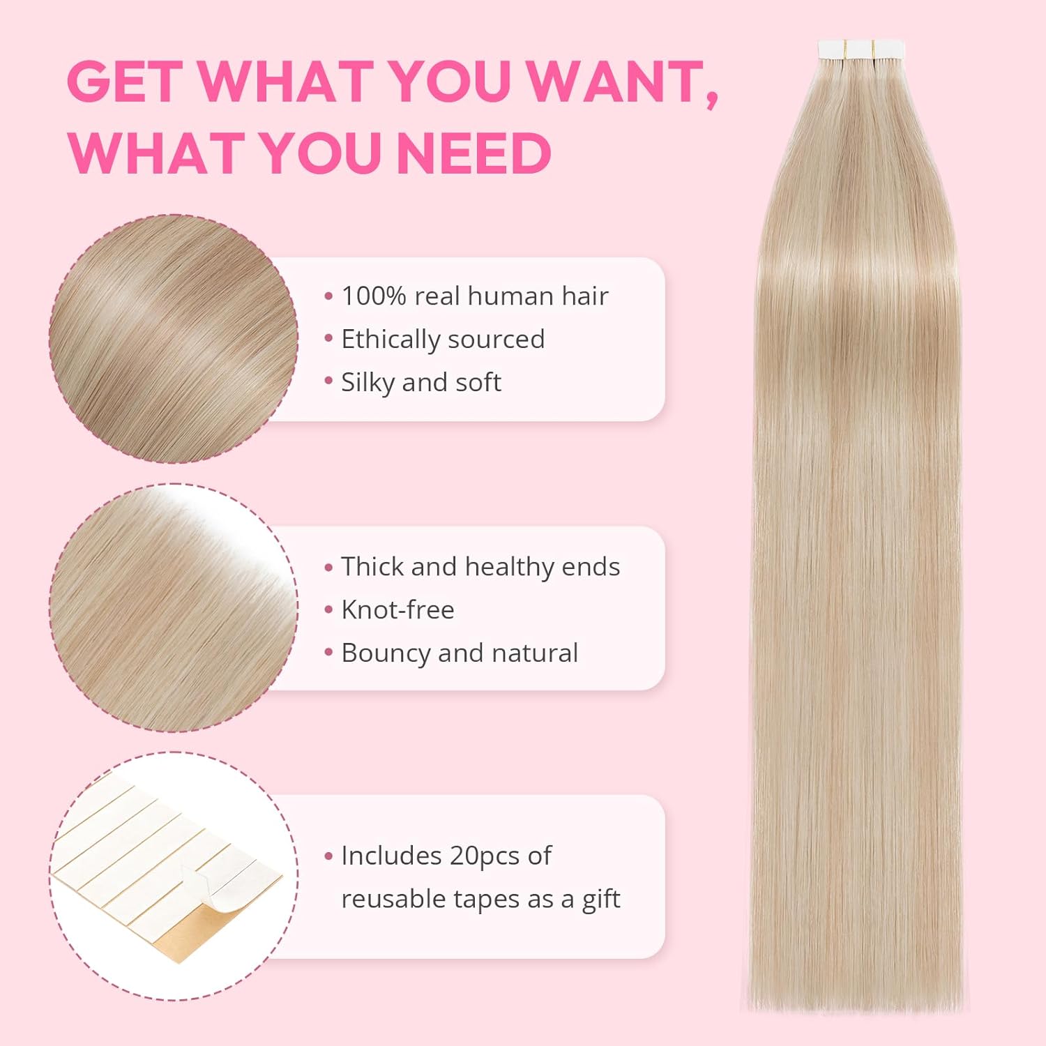 Extensiones de cabello humano con cinta, color rubio claro con reflejos rubio dorado, 20 unidades, 1.76 onzas, extensiones de cabello humano real