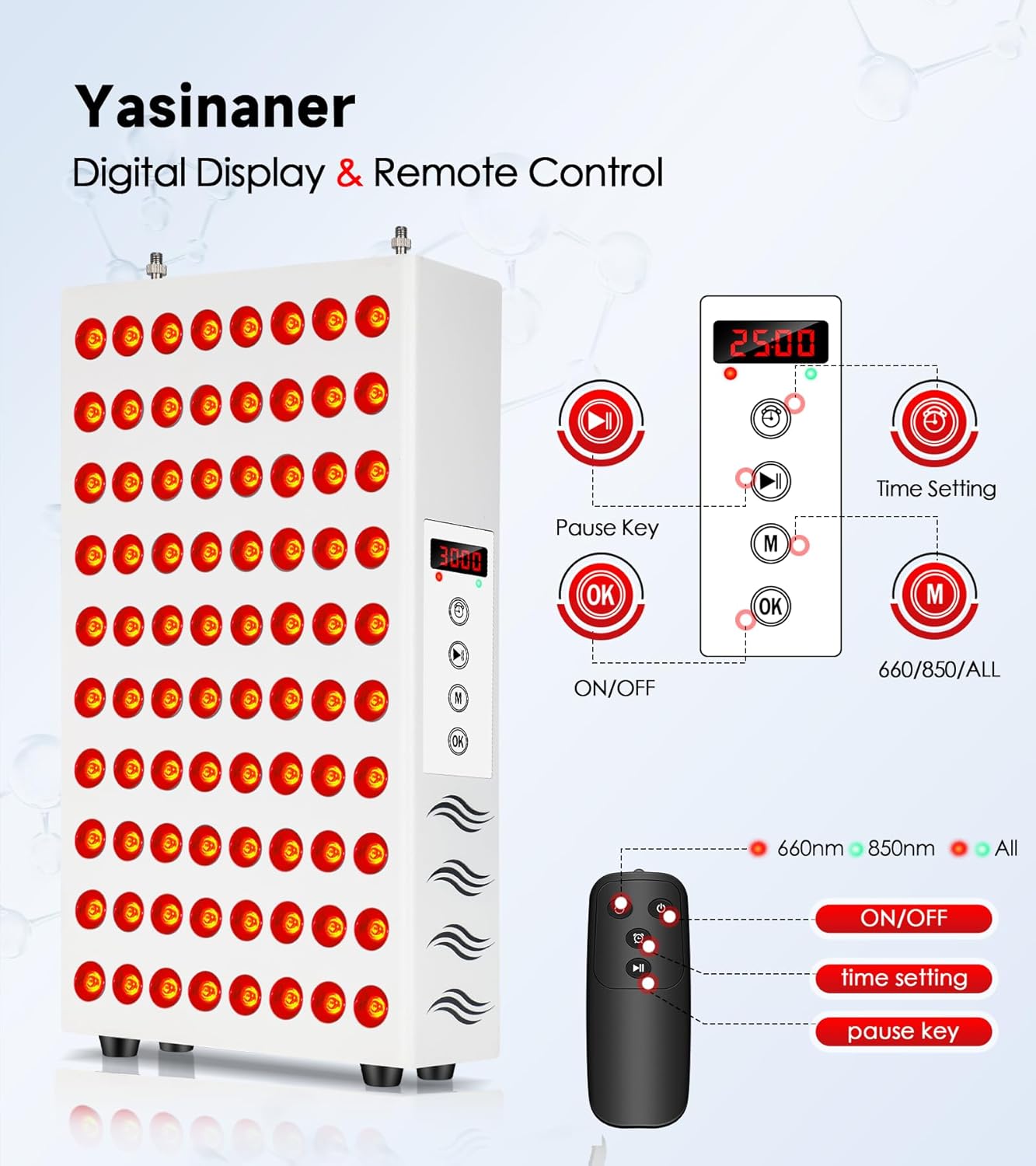 Terapia de luz roja para cara y cuerpo, lámpara de terapia de luz roja yasinaner de 660 nm roja y 850 nm de luz infrarroja cercana, dispositivo de