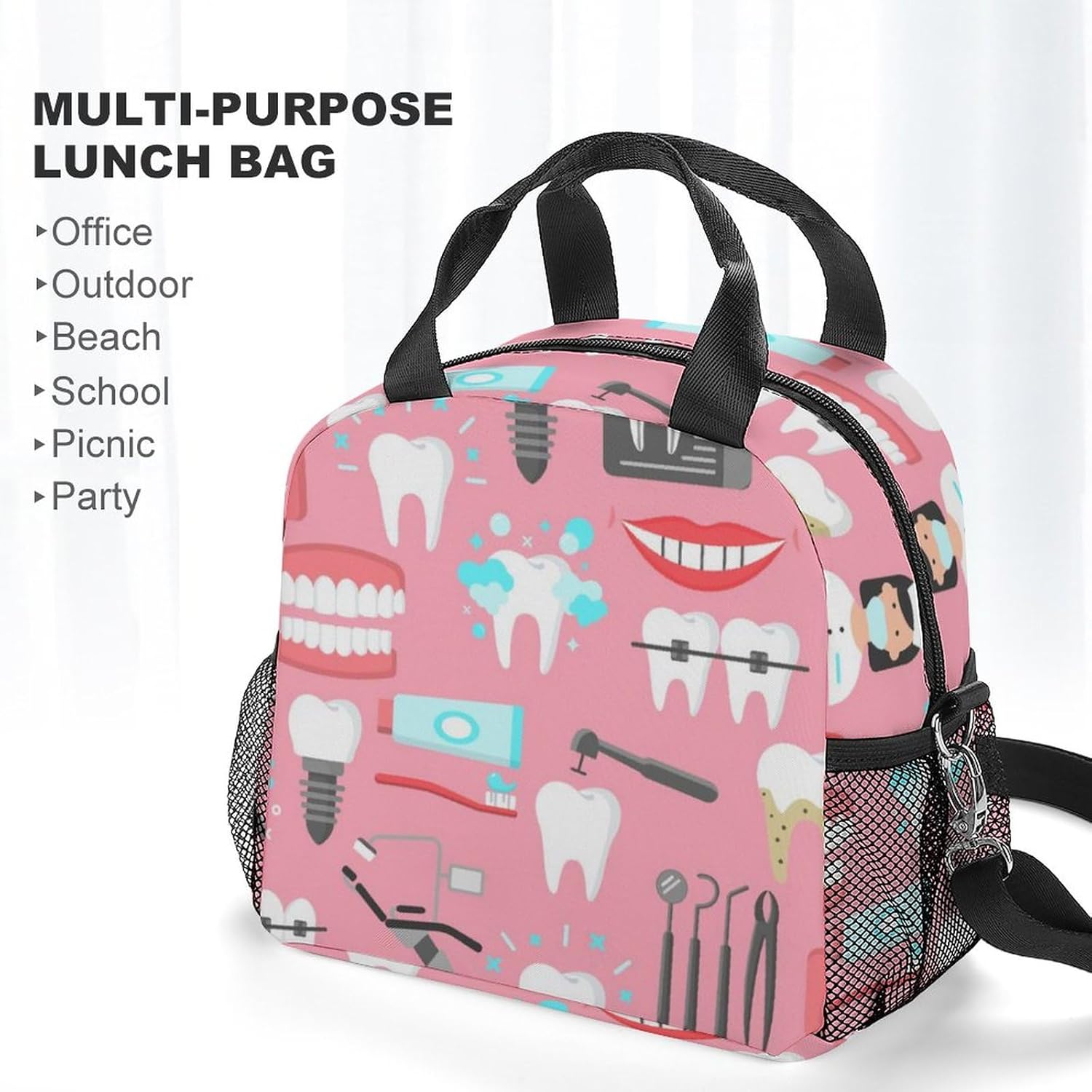 Lonchera aislada, bolsa de almuerzo pequeña con soporte para botella de agua, correa de hombro ajustable y extraíble, diseño dental sin costuras,