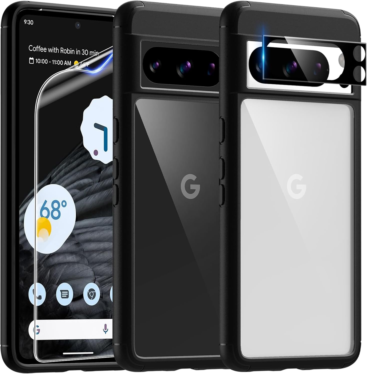 TAURI Funda 5 en 1 para Pixel 8 Pro, no amarillenta con 2 protectores de pantalla de película de poliuretano termoplástico + 2 protectores de lente